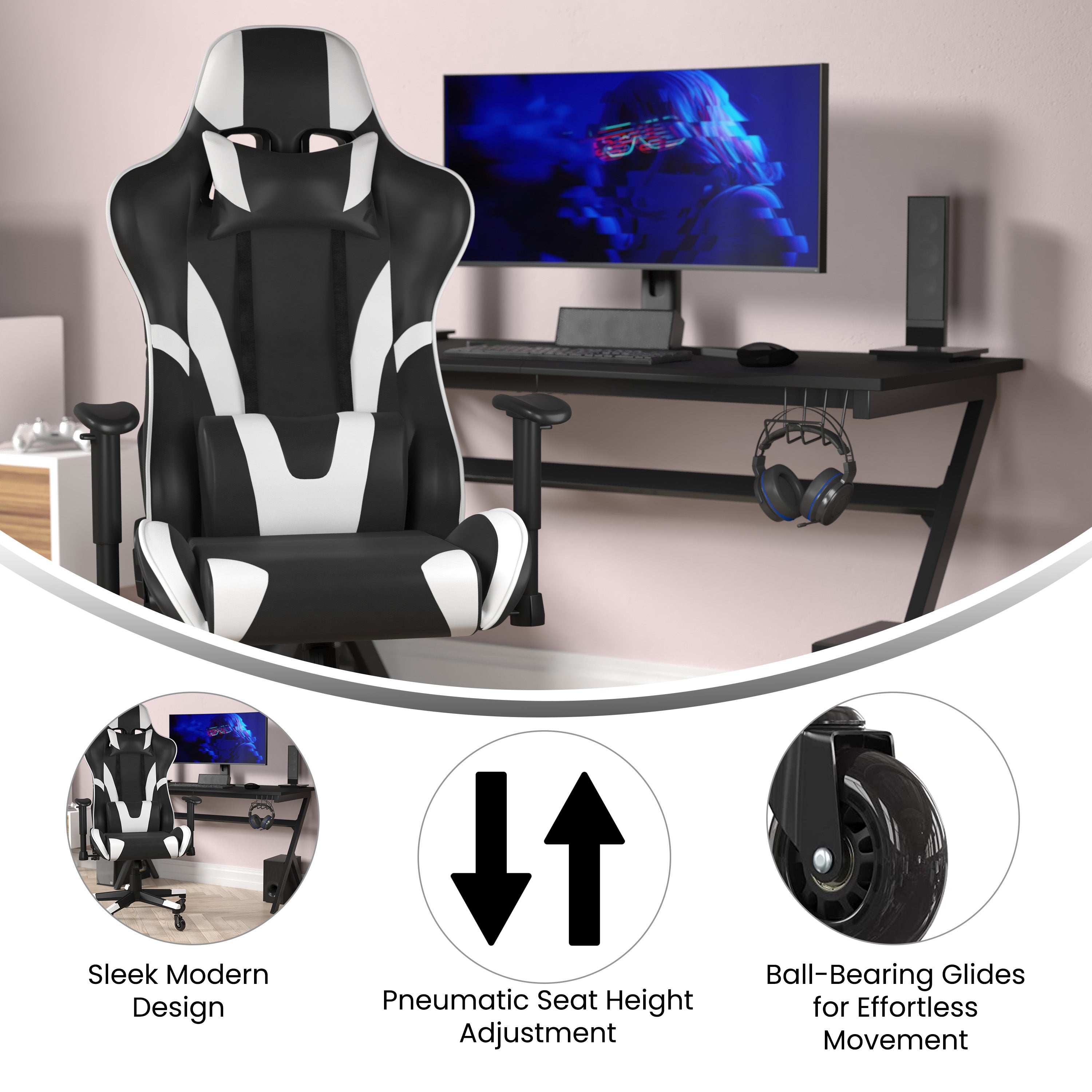 X20 Gaming Chair Racing Office Computer PC Adjustable Chair with Reclining Back and Transparent Roller Wheels in Black LeatherSoft