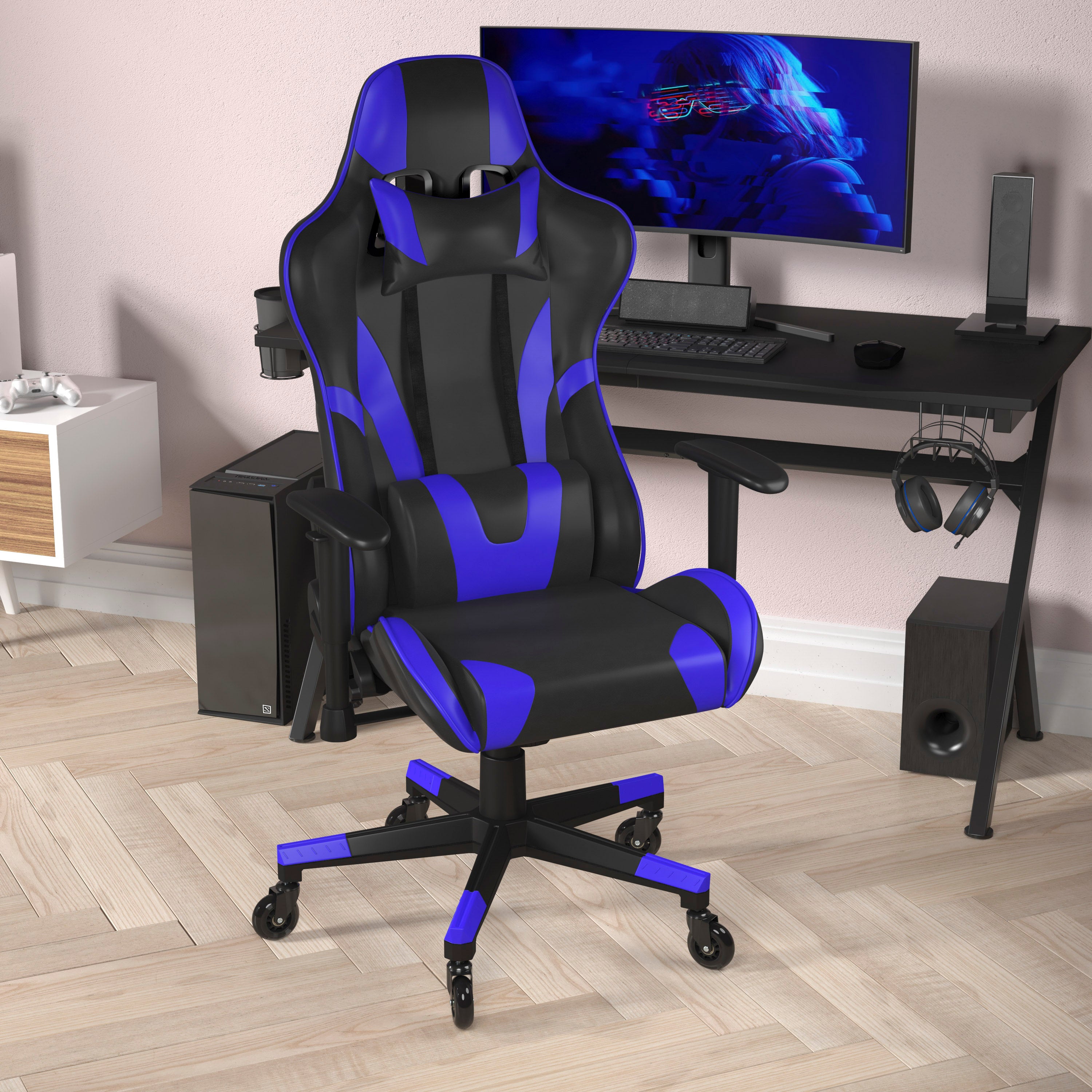 X20 Gaming Chair Racing Office Computer PC Adjustable Chair with Reclining Back and Transparent Roller Wheels in Blue LeatherSoft