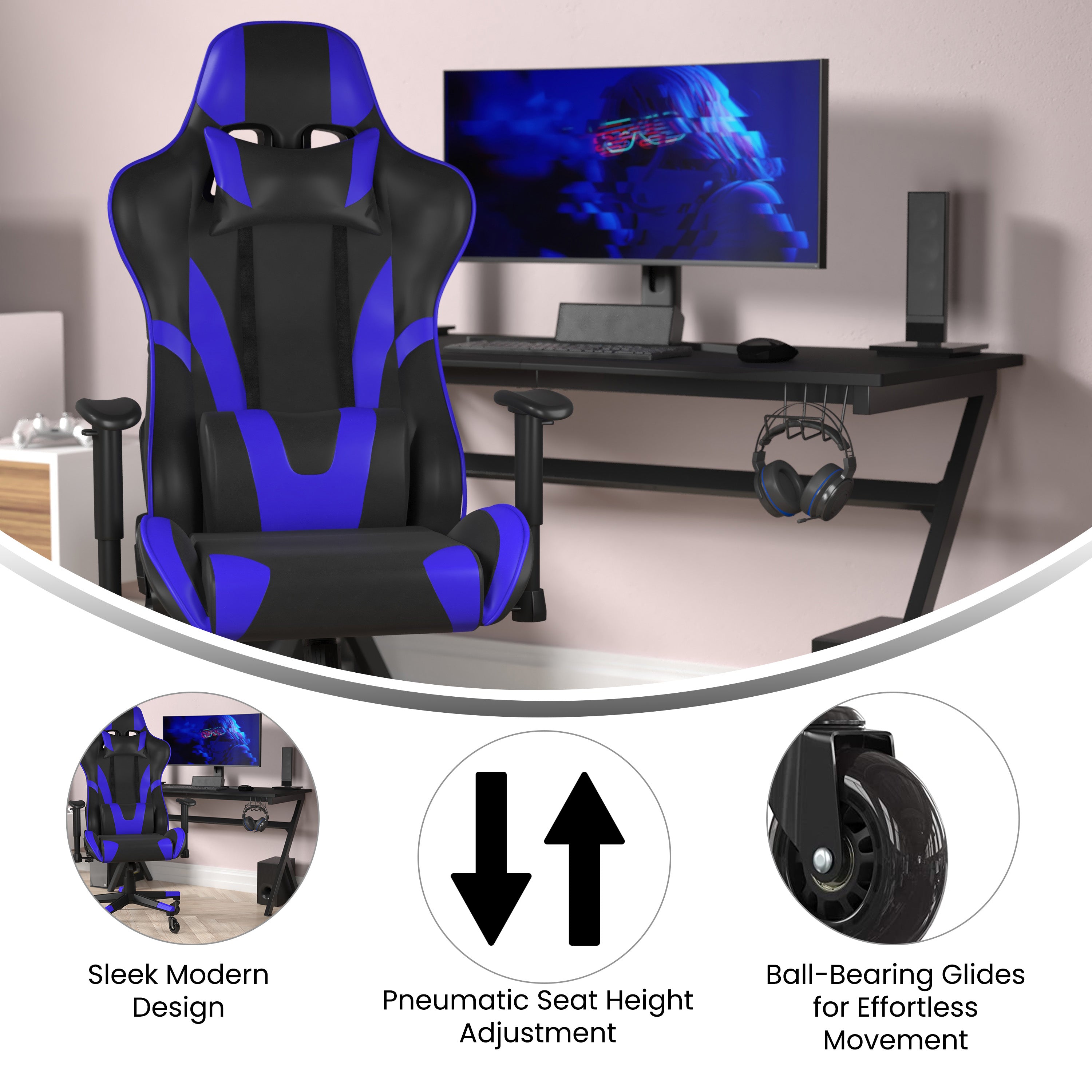 X20 Gaming Chair Racing Office Computer PC Adjustable Chair with Reclining Back and Transparent Roller Wheels in Blue LeatherSoft