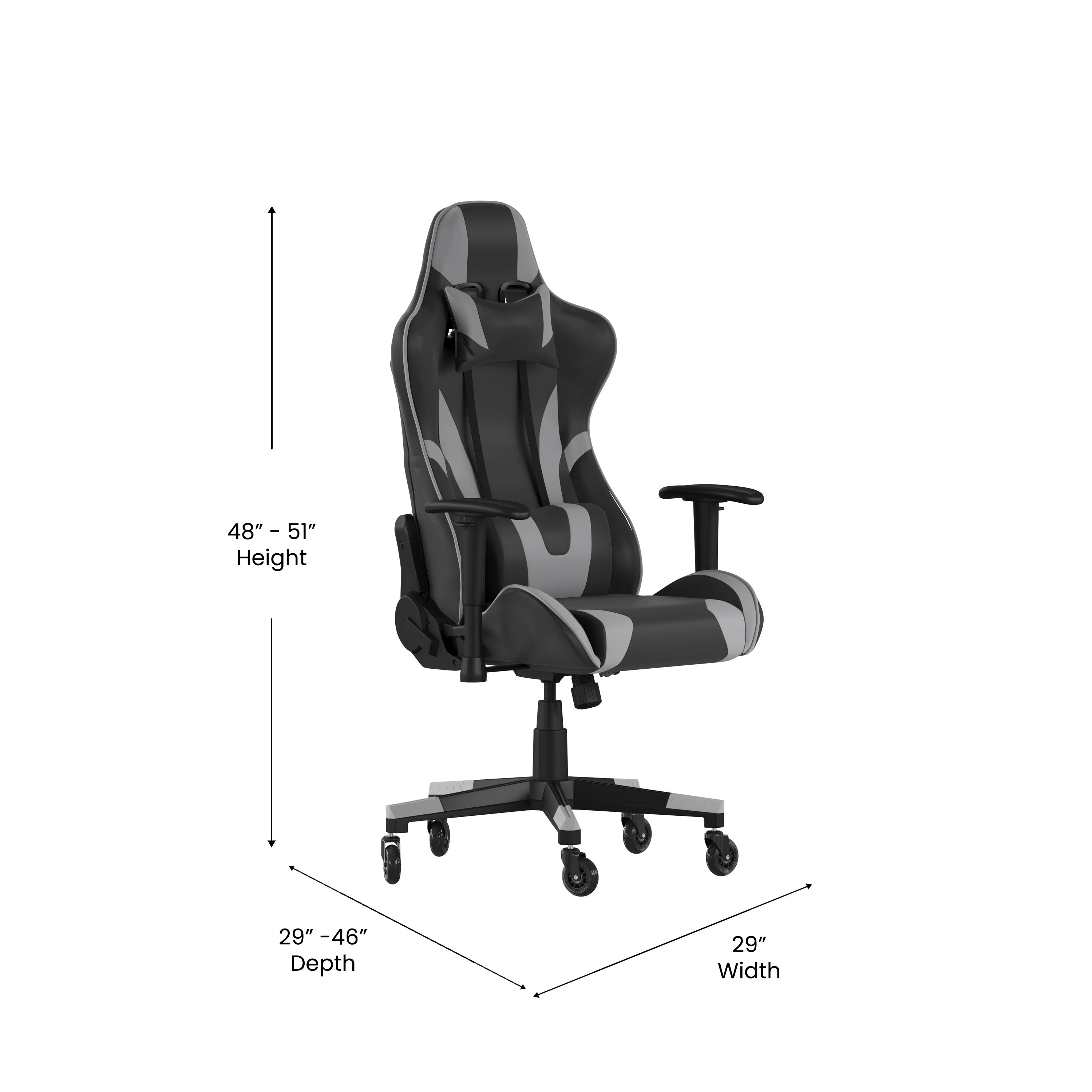 X20 Gaming Chair Racing Office Computer PC Adjustable Chair with Reclining Back and Transparent Roller Wheels in Gray LeatherSoft