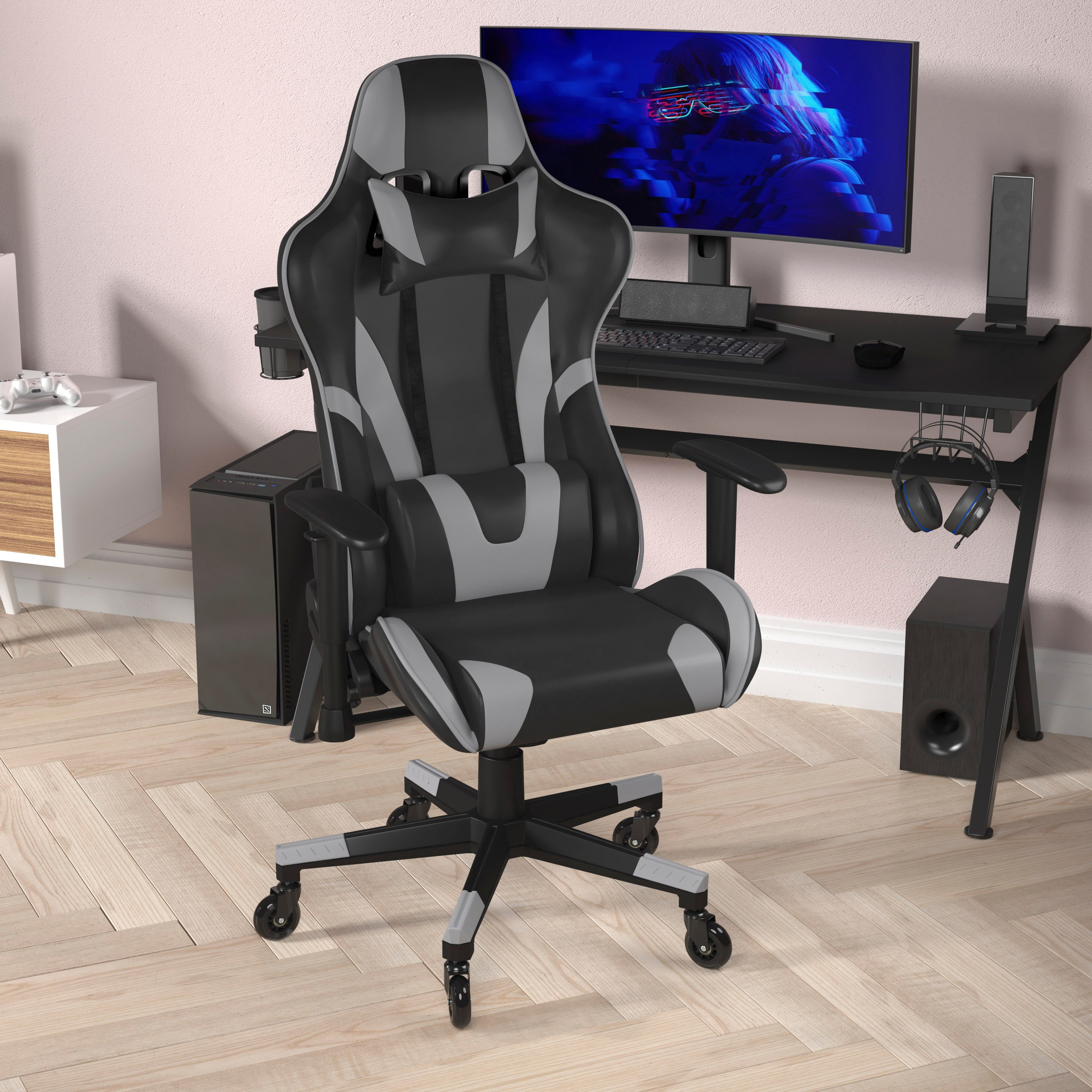 X20 Gaming Chair Racing Office Computer PC Adjustable Chair with Reclining Back and Transparent Roller Wheels in Gray LeatherSoft