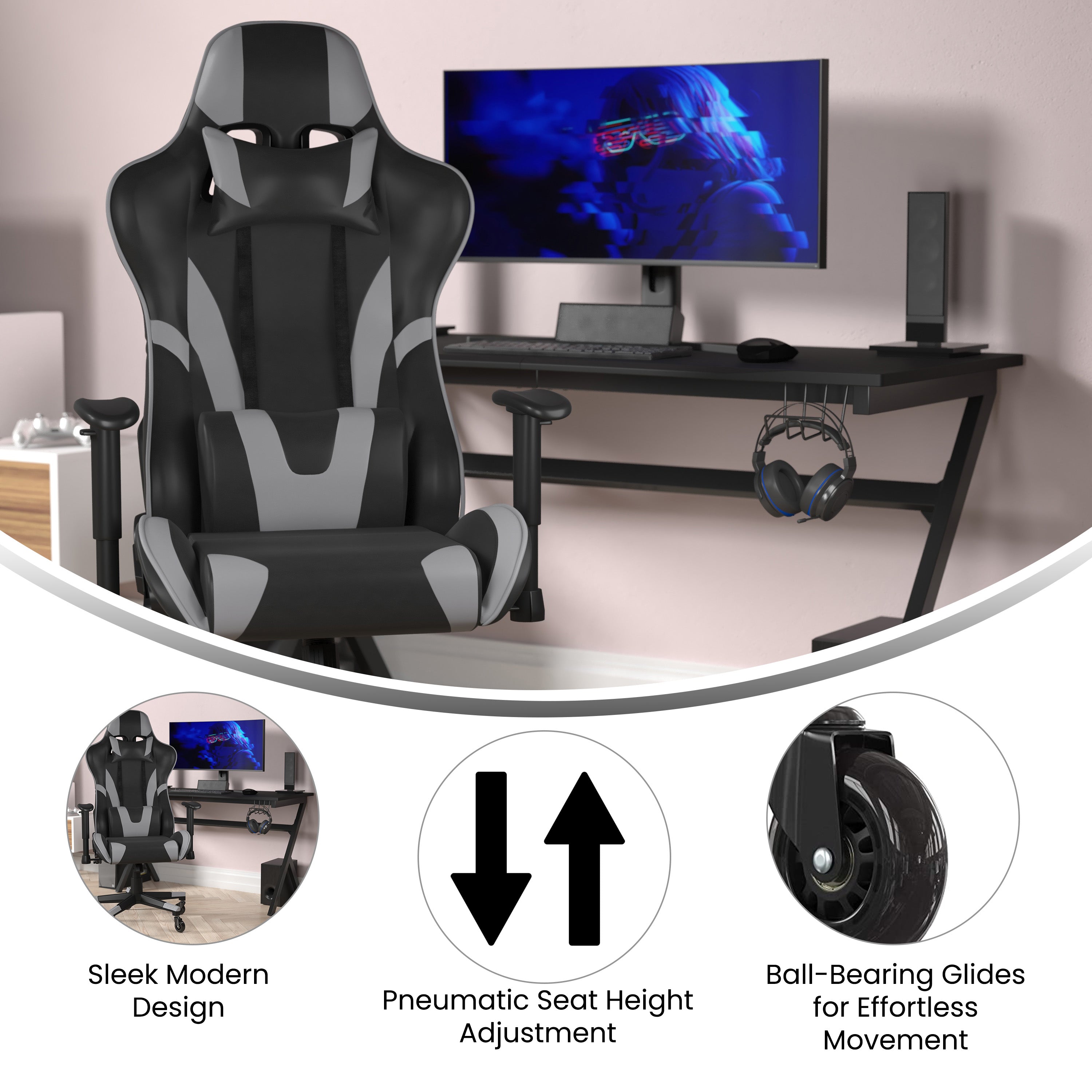 X20 Gaming Chair Racing Office Computer PC Adjustable Chair with Reclining Back and Transparent Roller Wheels in Gray LeatherSoft