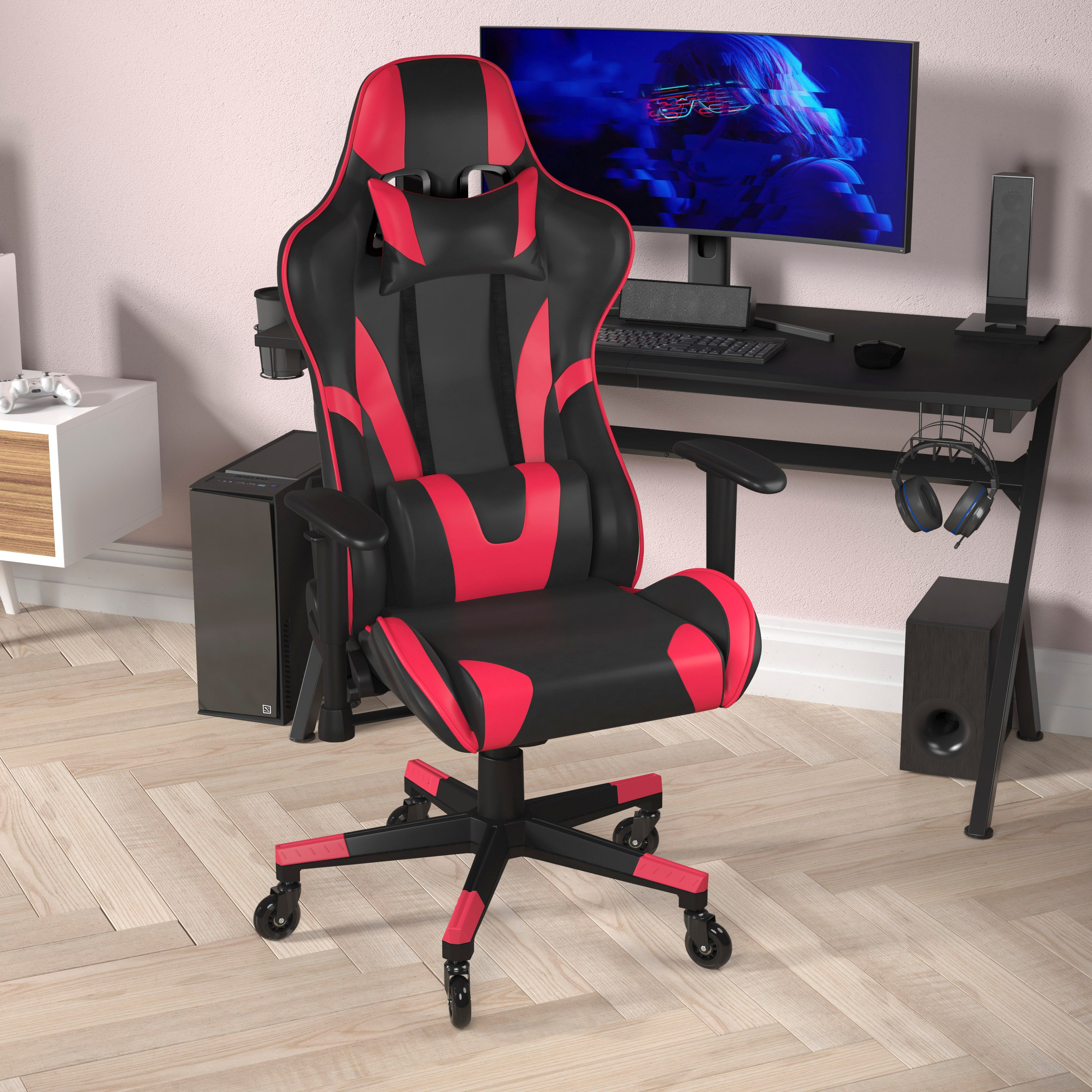 X20 Gaming Chair Racing Office Computer PC Adjustable Chair with Reclining Back and Transparent Roller Wheels in Red LeatherSoft