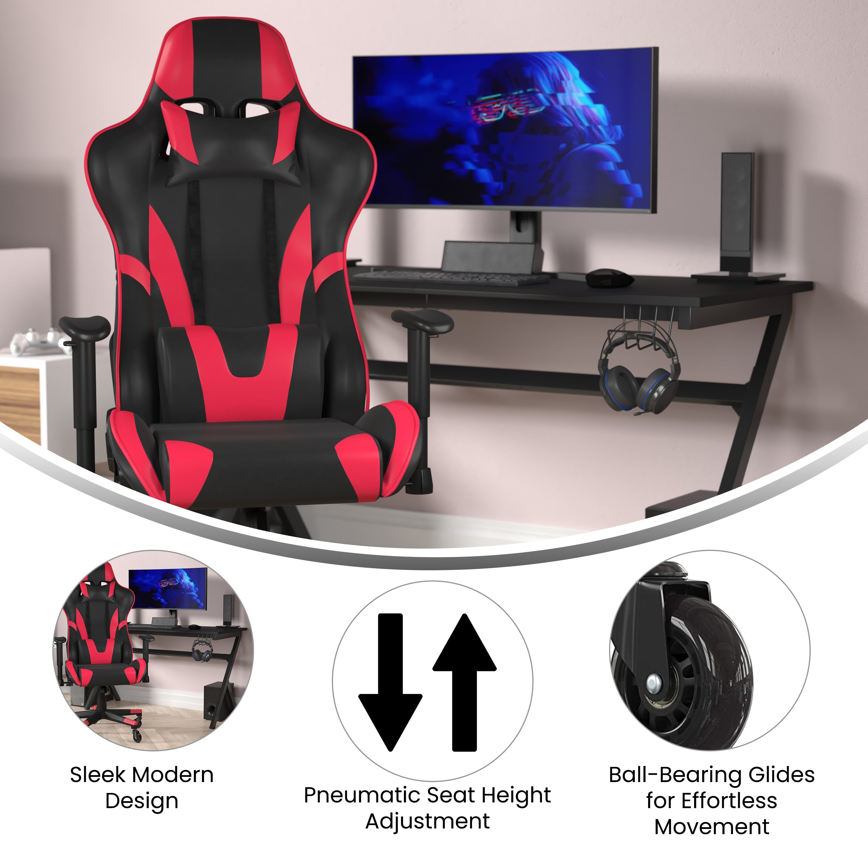 X20 Gaming Chair Racing Office Computer PC Adjustable Chair with Reclining Back and Transparent Roller Wheels in Red LeatherSoft