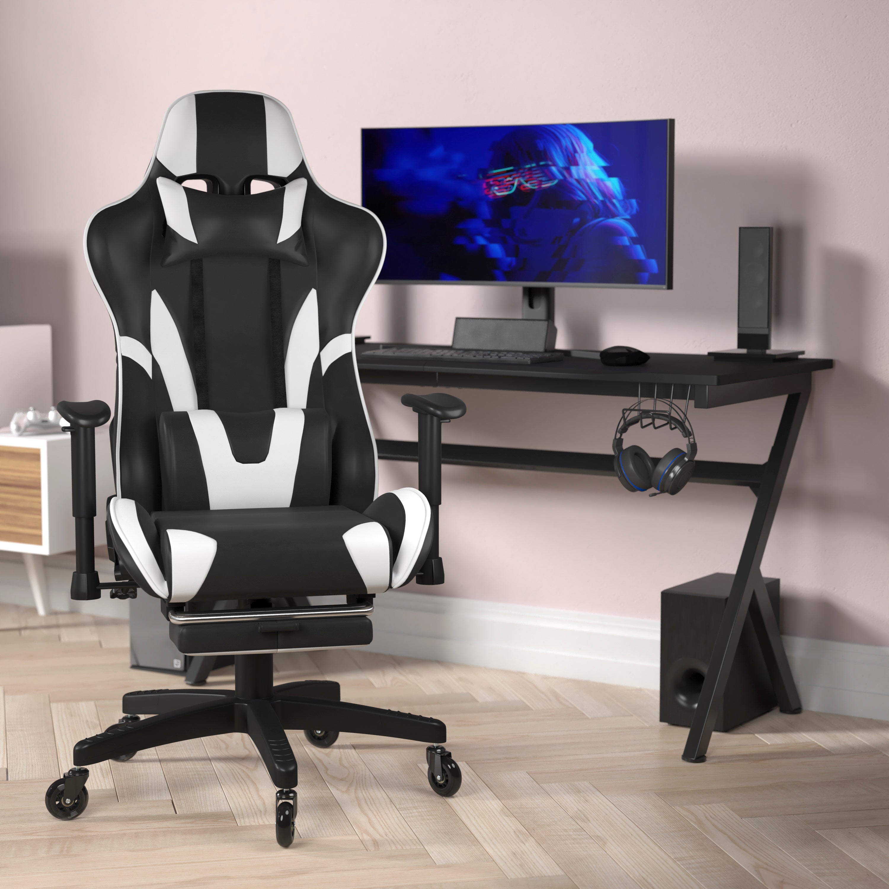 X30 Gaming Chair Racing Computer Chair with Reclining Back, Slide-Out Footrest, and Transparent Roller Wheels in Black LeatherSoft
