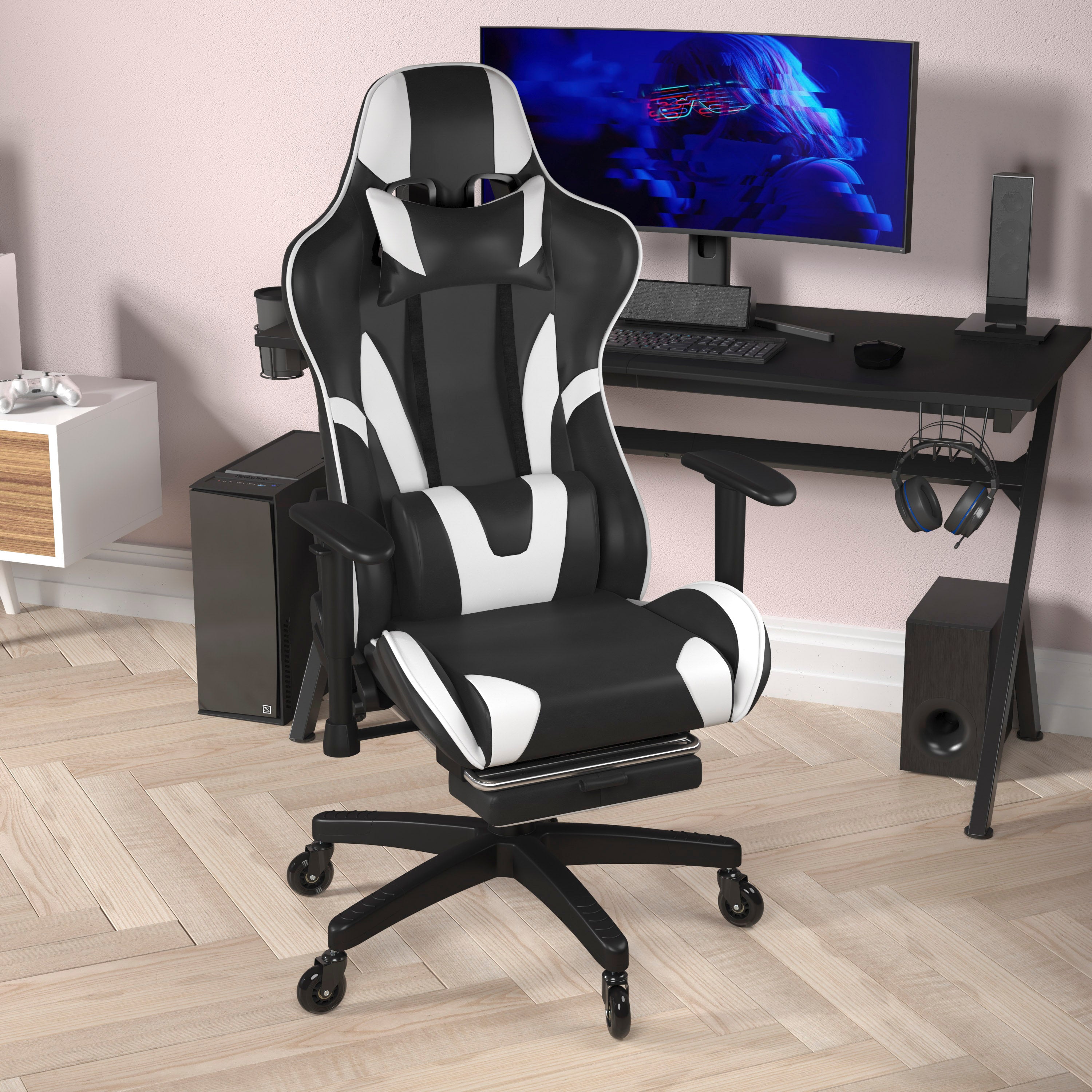 X30 Gaming Chair Racing Computer Chair with Reclining Back, Slide-Out Footrest, and Transparent Roller Wheels in Black LeatherSoft