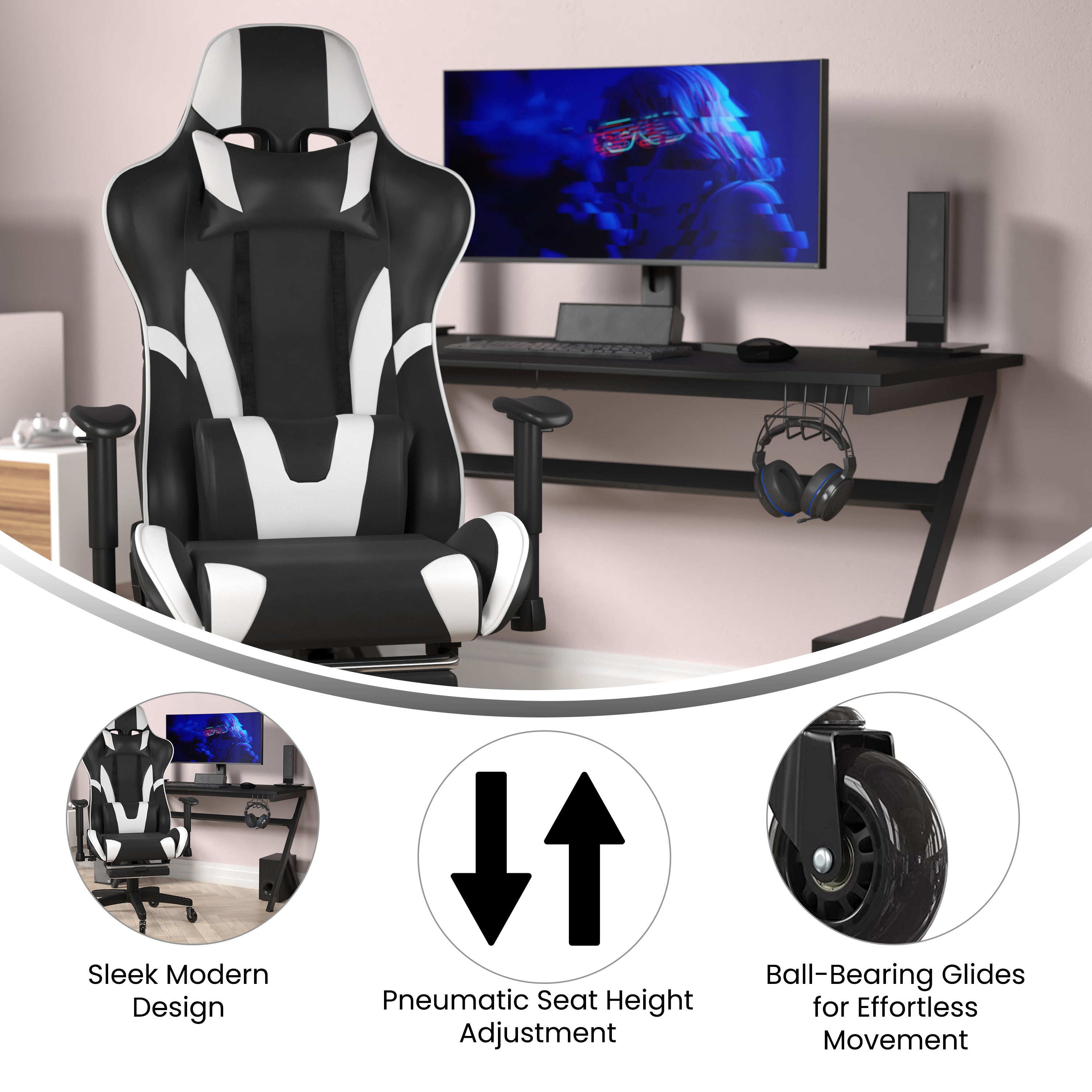 X30 Gaming Chair Racing Computer Chair with Reclining Back, Slide-Out Footrest, and Transparent Roller Wheels in Black LeatherSoft