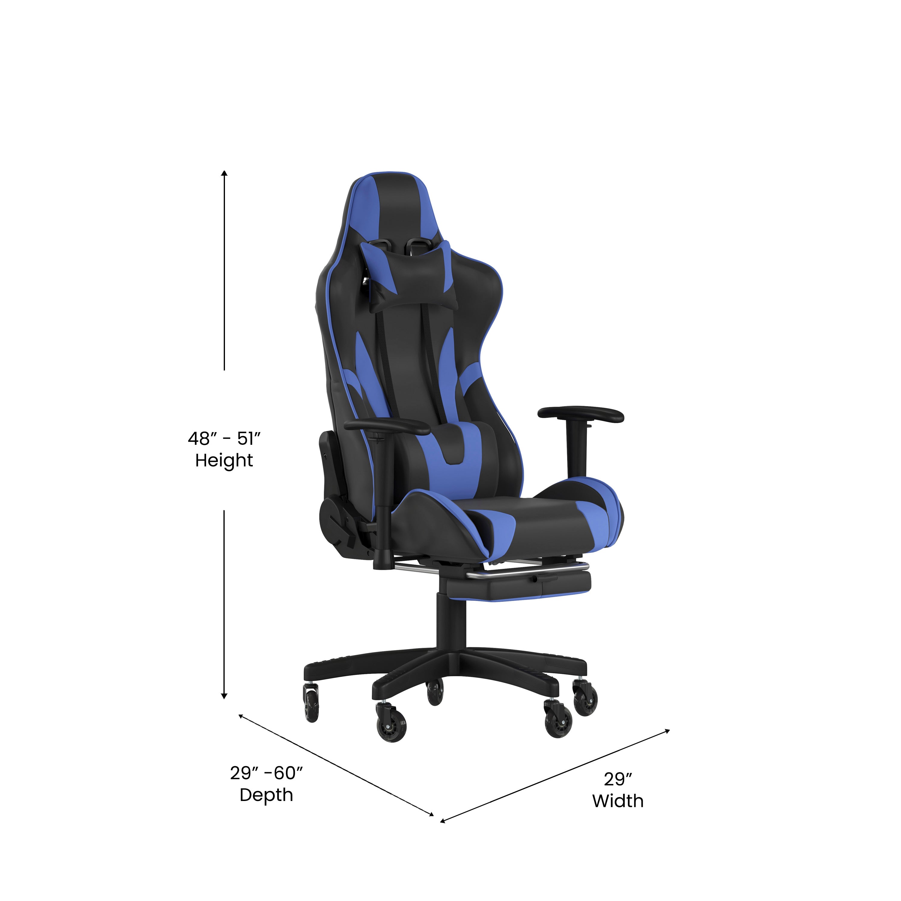 X30 Gaming Chair Racing Computer Chair with Reclining Back, Slide-Out Footrest, and Transparent Roller Wheels in Blue LeatherSoft