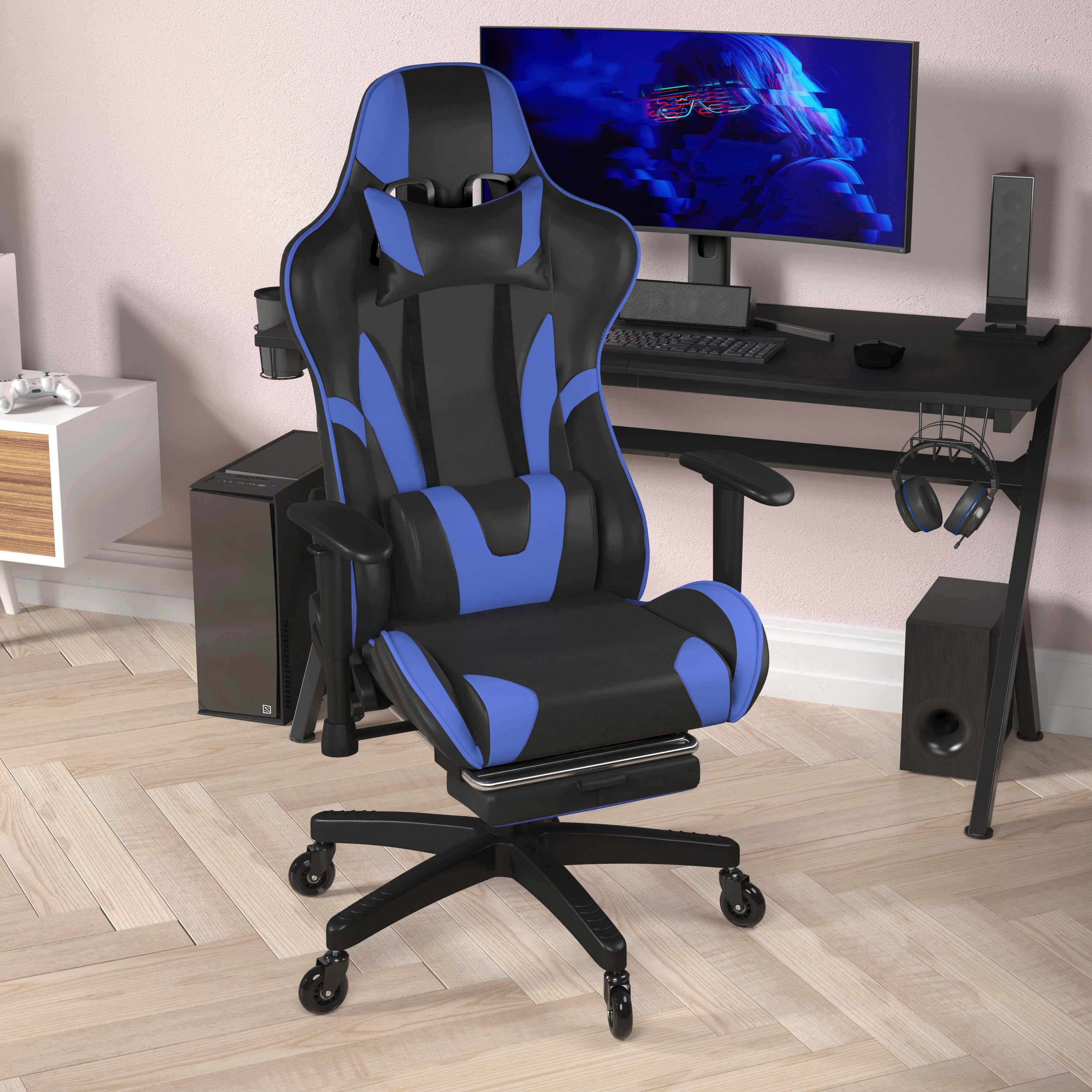 X30 Gaming Chair Racing Computer Chair with Reclining Back, Slide-Out Footrest, and Transparent Roller Wheels in Blue LeatherSoft