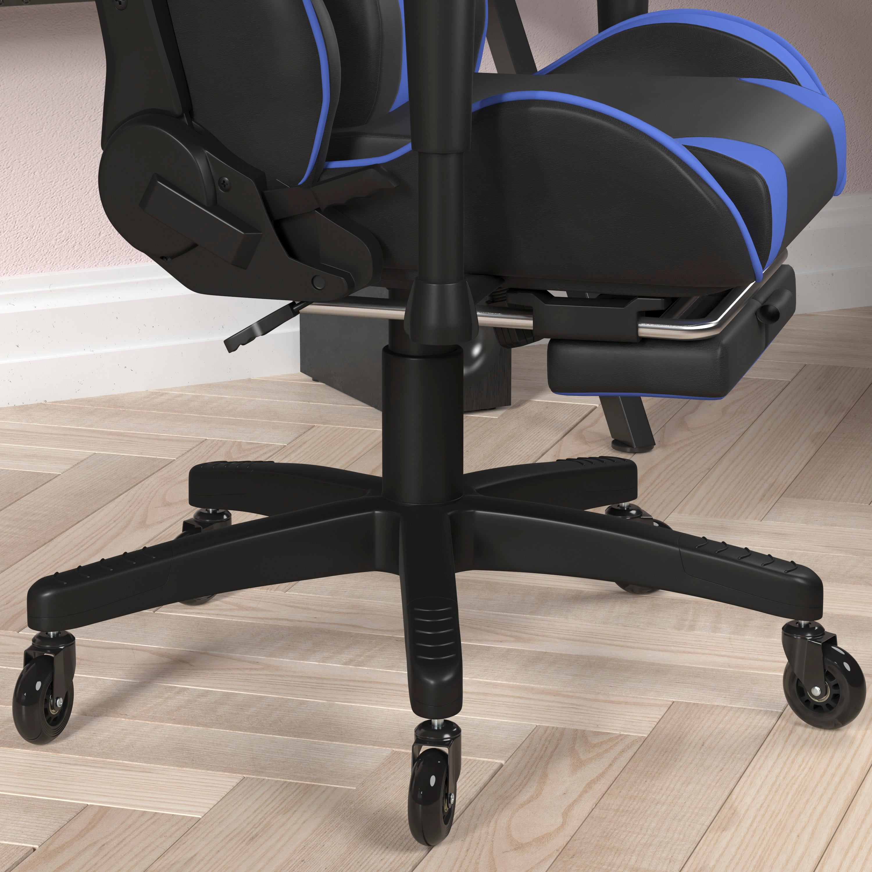 X30 Gaming Chair Racing Computer Chair with Reclining Back, Slide-Out Footrest, and Transparent Roller Wheels in Blue LeatherSoft