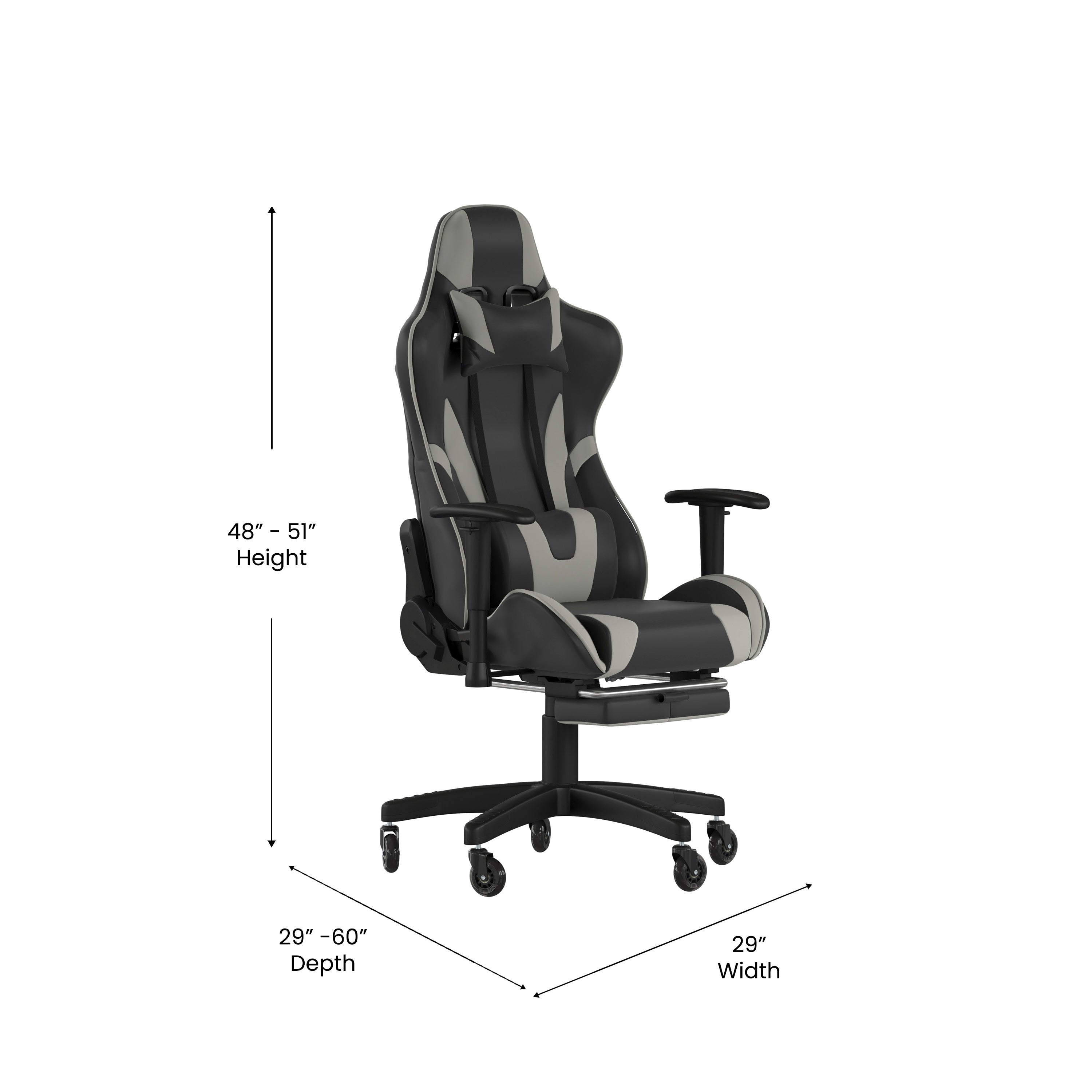 X30 Gaming Chair Racing Computer Chair with Reclining Back, Slide-Out Footrest, and Transparent Roller Wheels in Gray LeatherSoft