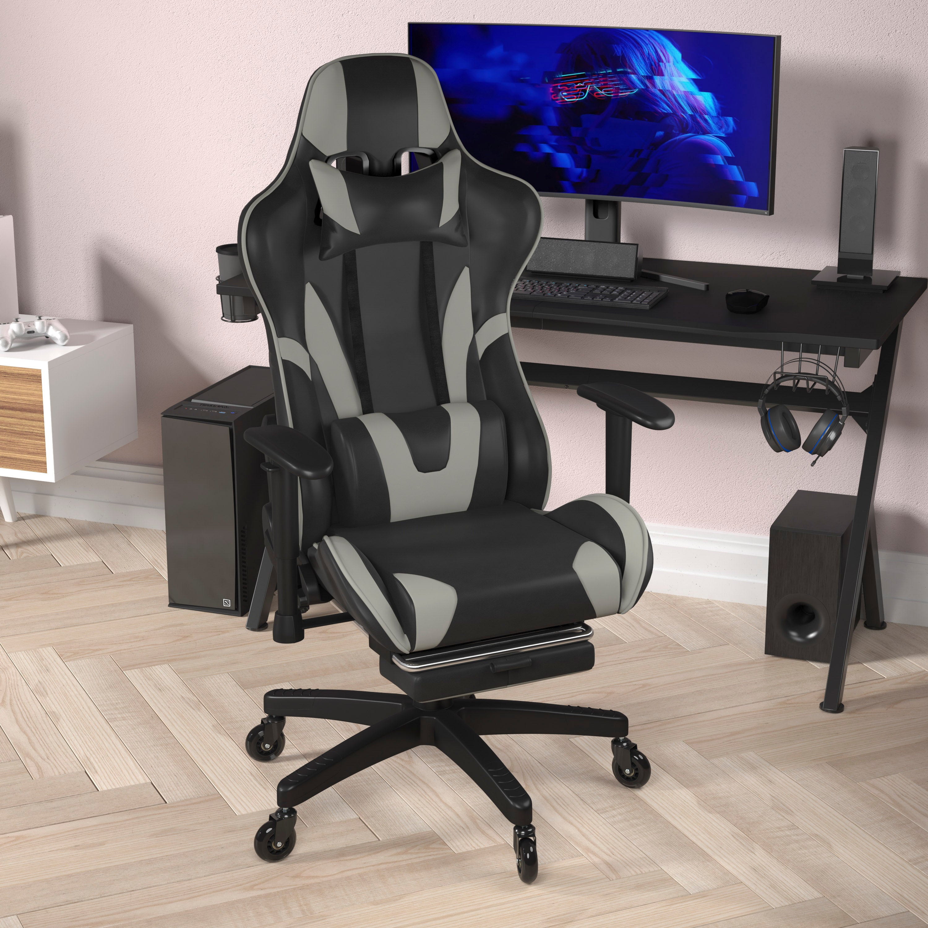 X30 Gaming Chair Racing Computer Chair with Reclining Back, Slide-Out Footrest, and Transparent Roller Wheels in Gray LeatherSoft