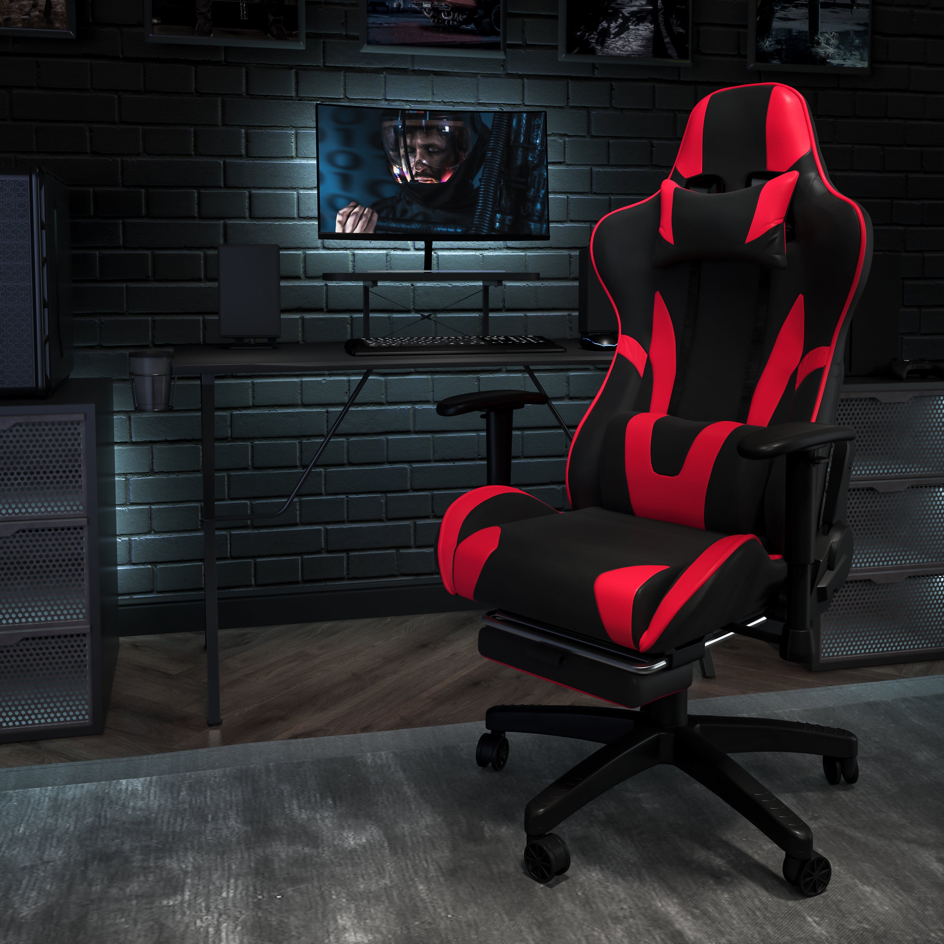 X30 Gaming Chair Racing Office Ergonomic Computer Chair with Fully Reclining Back and Slide-Out Footrest in Red LeatherSoft