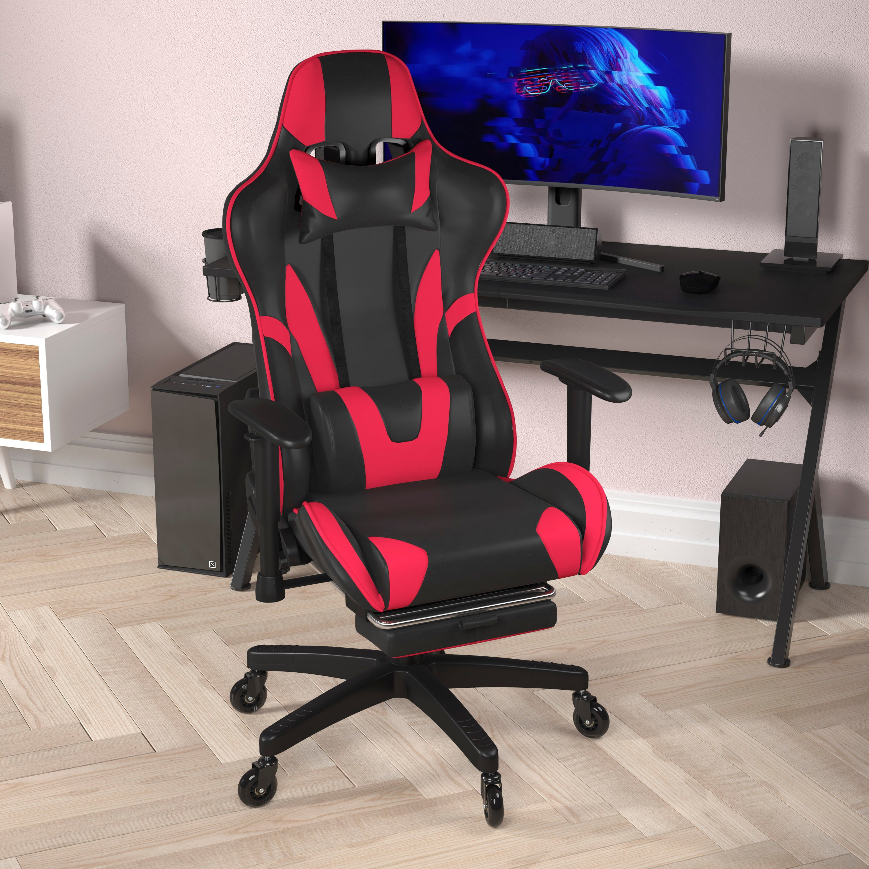 X30 Gaming Chair Racing Computer Chair with Reclining Back, Slide-Out Footrest, and Transparent Roller Wheels in Red LeatherSoft
