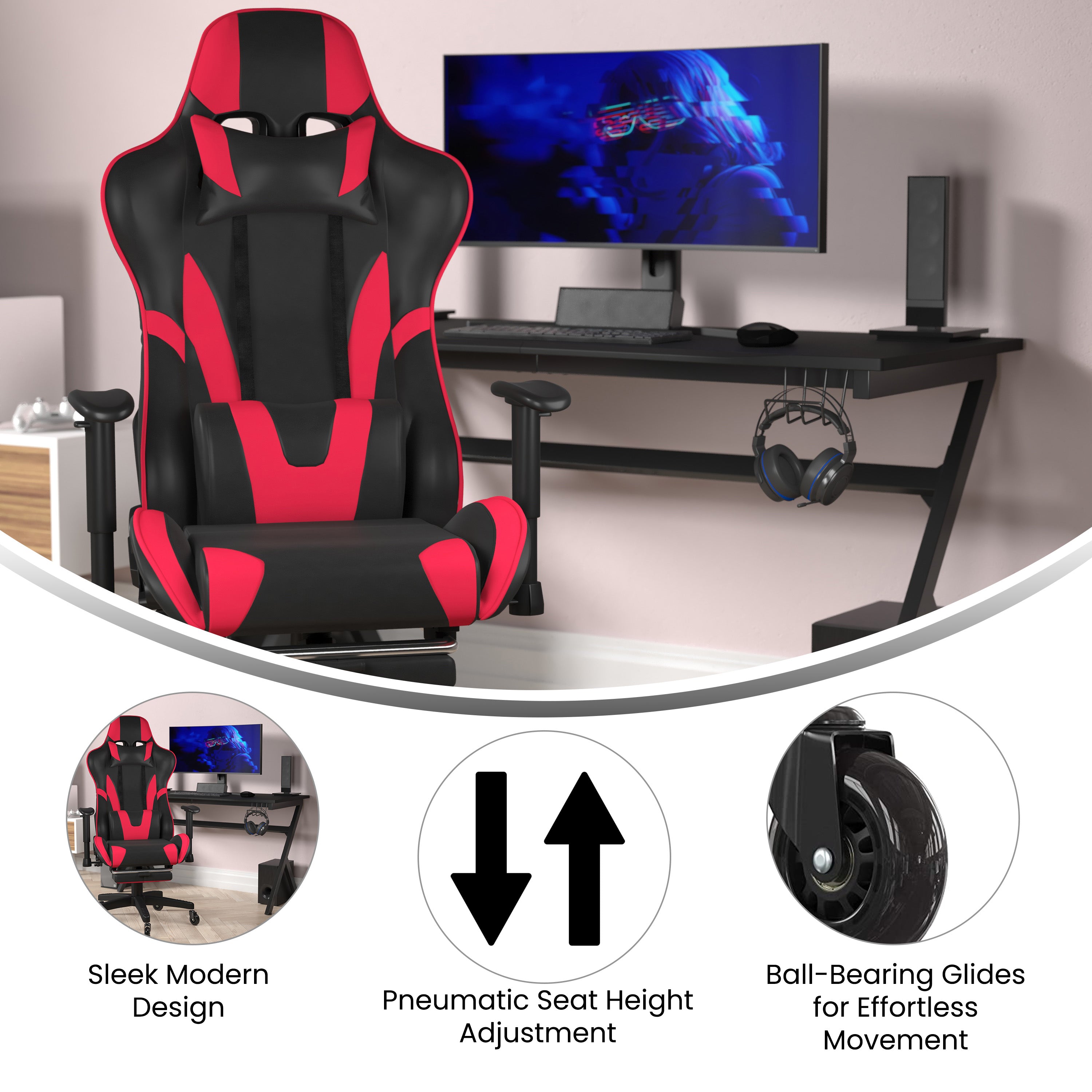 X30 Gaming Chair Racing Computer Chair with Reclining Back, Slide-Out Footrest, and Transparent Roller Wheels in Red LeatherSoft