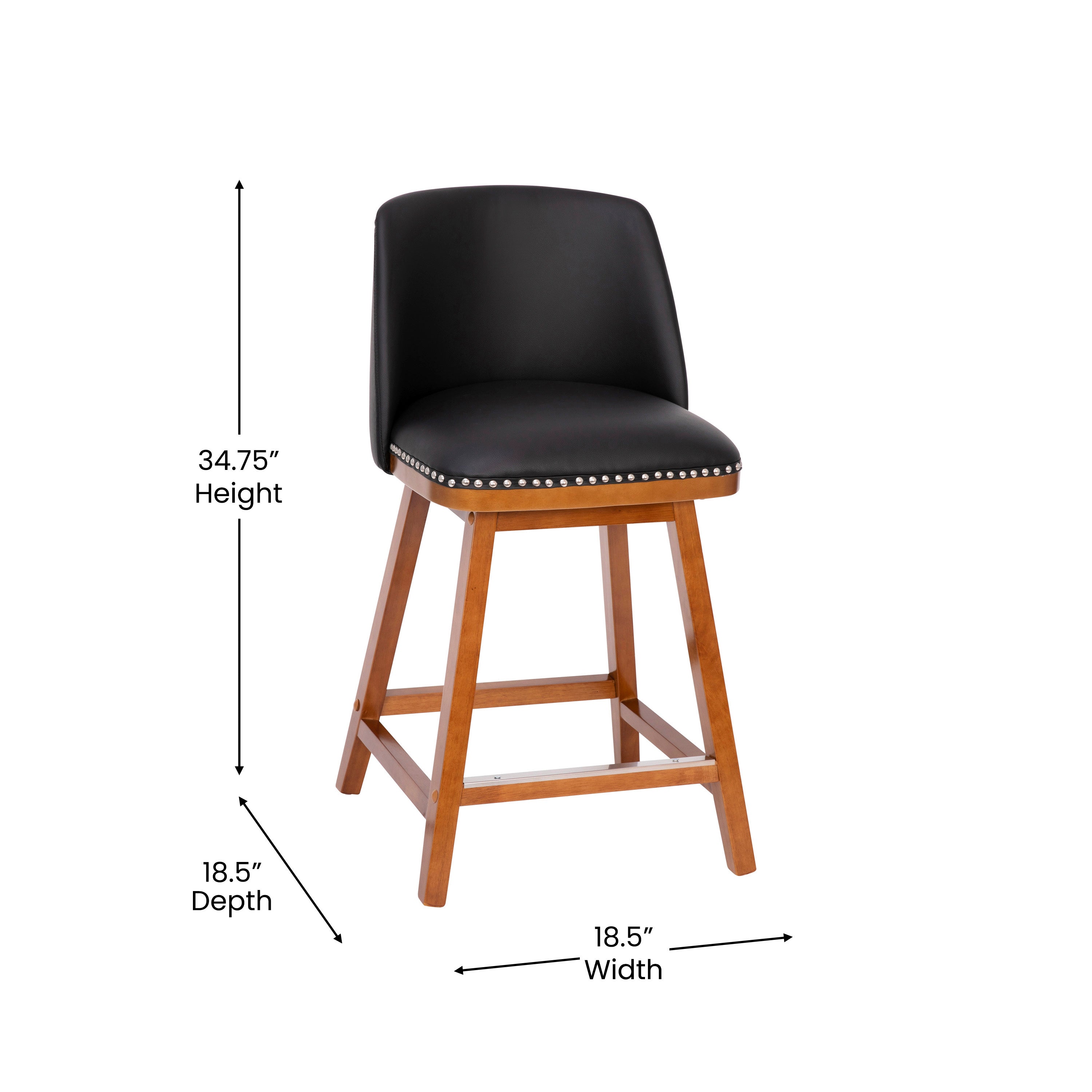 Julia Set of 2 Transitional 24 Inch LeatherSoft Upholstered Counter Stools with Silver Nailhead Trim and Walnut Finish Solid Wood Frames, Black