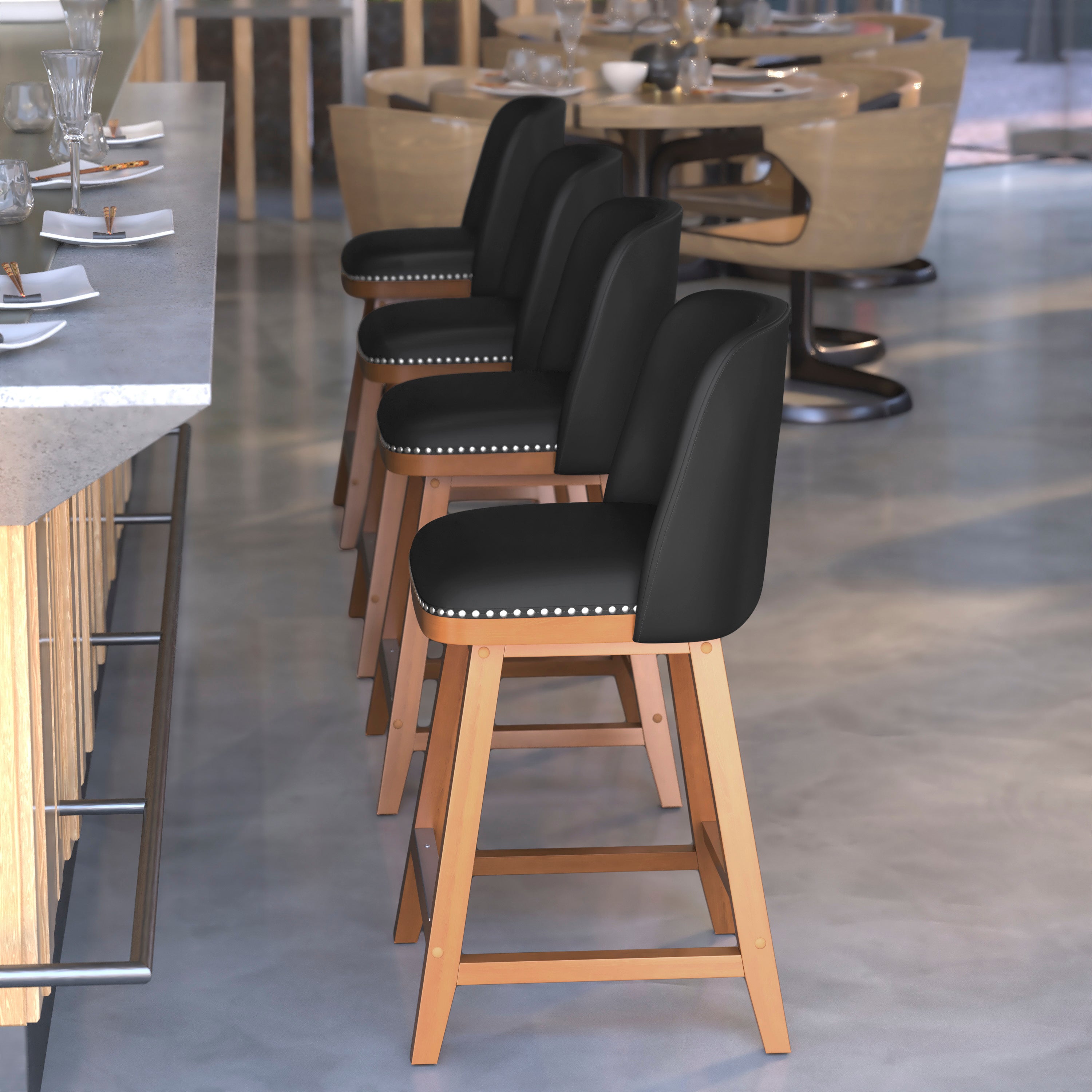 Julia Set of 2 Transitional 24 Inch LeatherSoft Upholstered Counter Stools with Silver Nailhead Trim and Walnut Finish Solid Wood Frames, Black