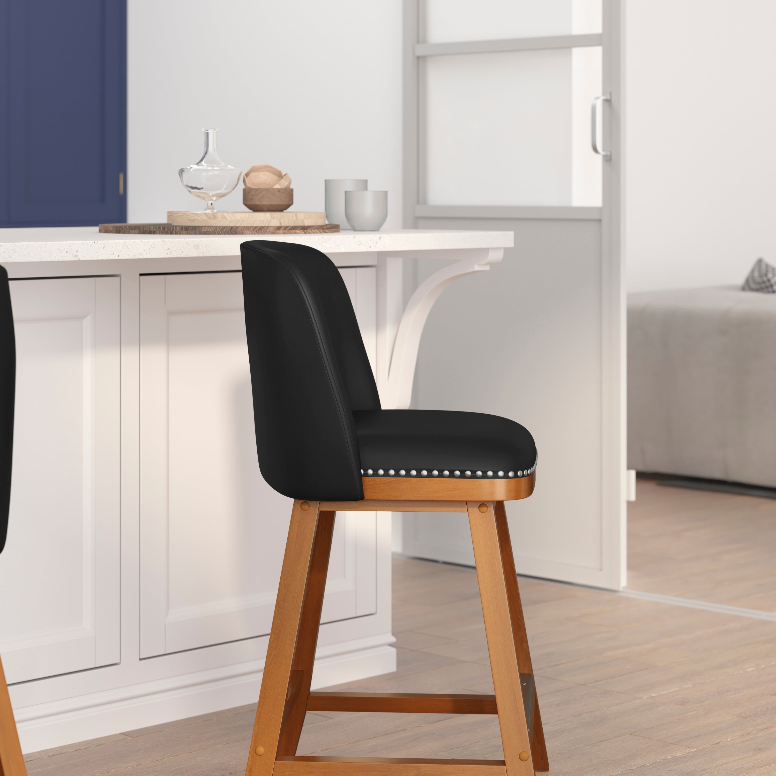 Julia Set of 2 Transitional 24 Inch LeatherSoft Upholstered Counter Stools with Silver Nailhead Trim and Walnut Finish Solid Wood Frames, Black