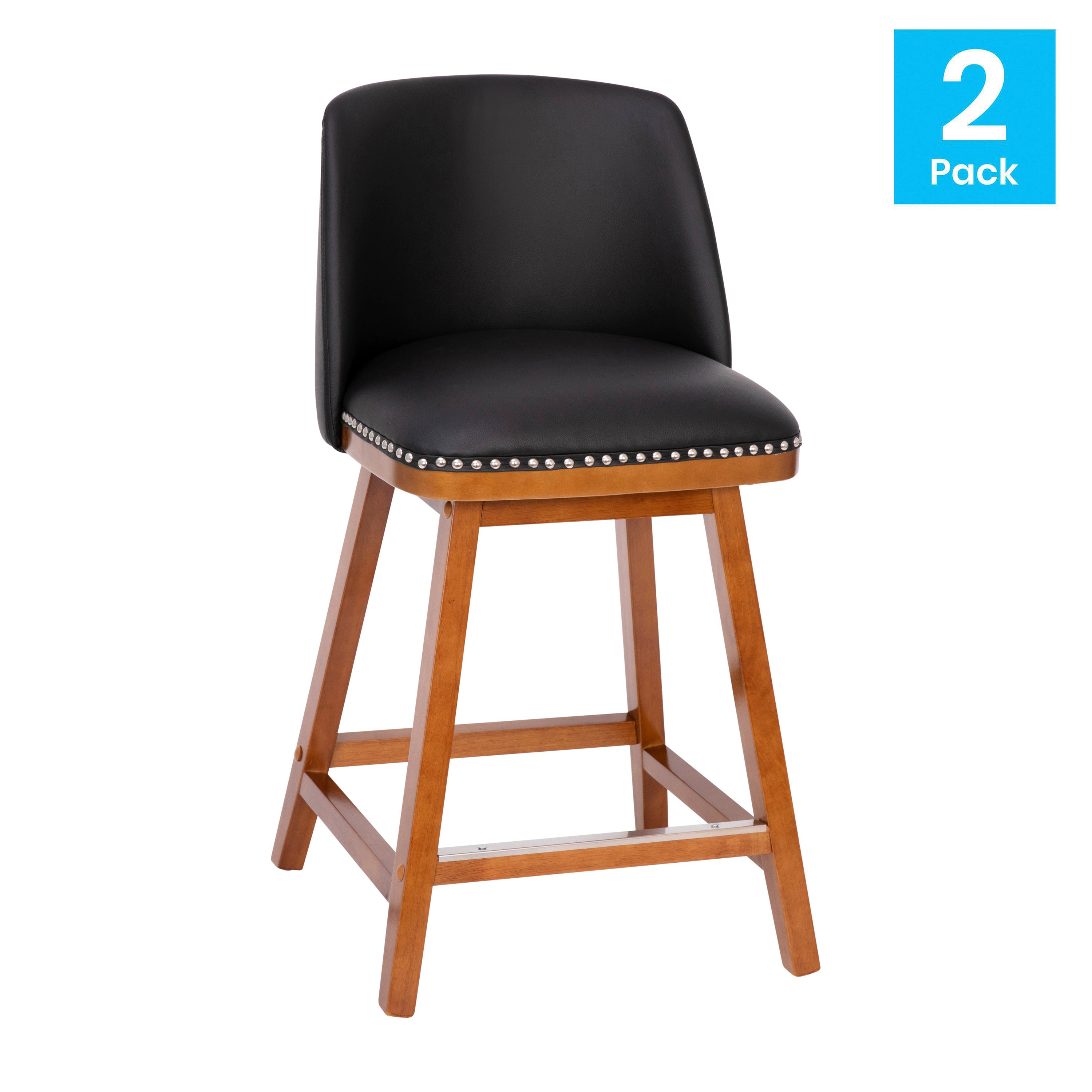 Julia Set of 2 Transitional 24 Inch LeatherSoft Upholstered Counter Stools with Silver Nailhead Trim and Walnut Finish Solid Wood Frames, Black