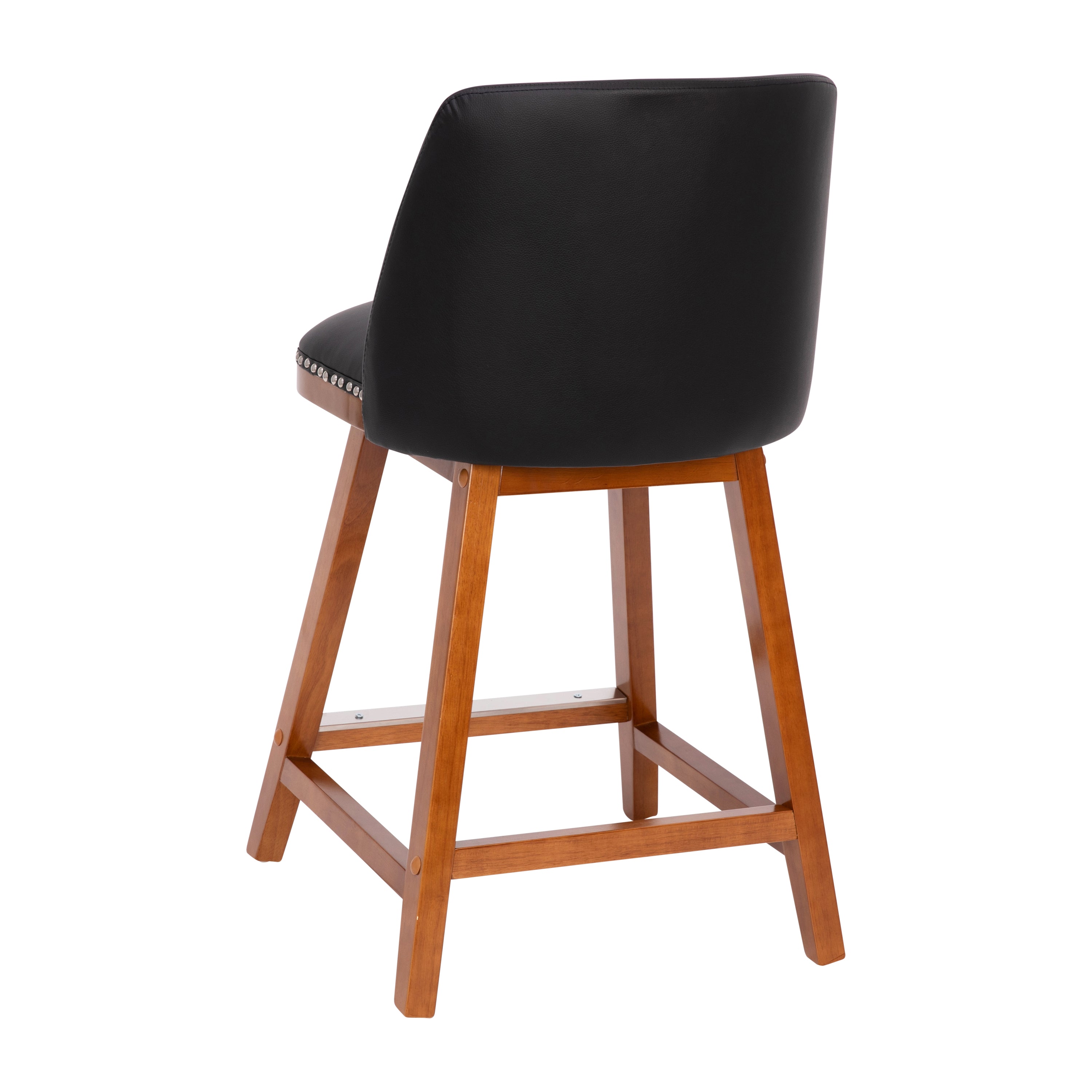 Julia Set of 2 Transitional 24 Inch LeatherSoft Upholstered Counter Stools with Silver Nailhead Trim and Walnut Finish Solid Wood Frames, Black