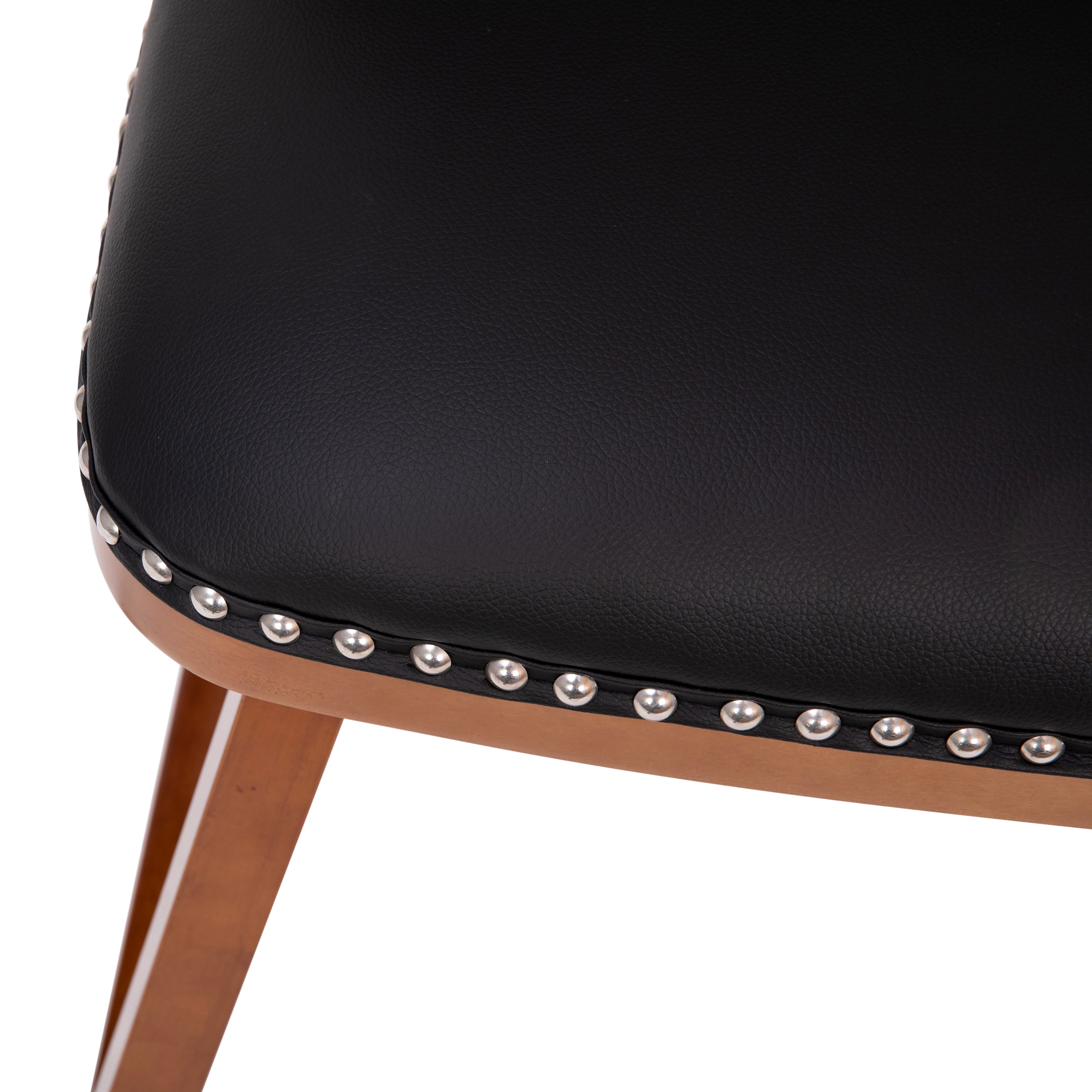 Julia Set of 2 Transitional 24 Inch LeatherSoft Upholstered Counter Stools with Silver Nailhead Trim and Walnut Finish Solid Wood Frames, Black