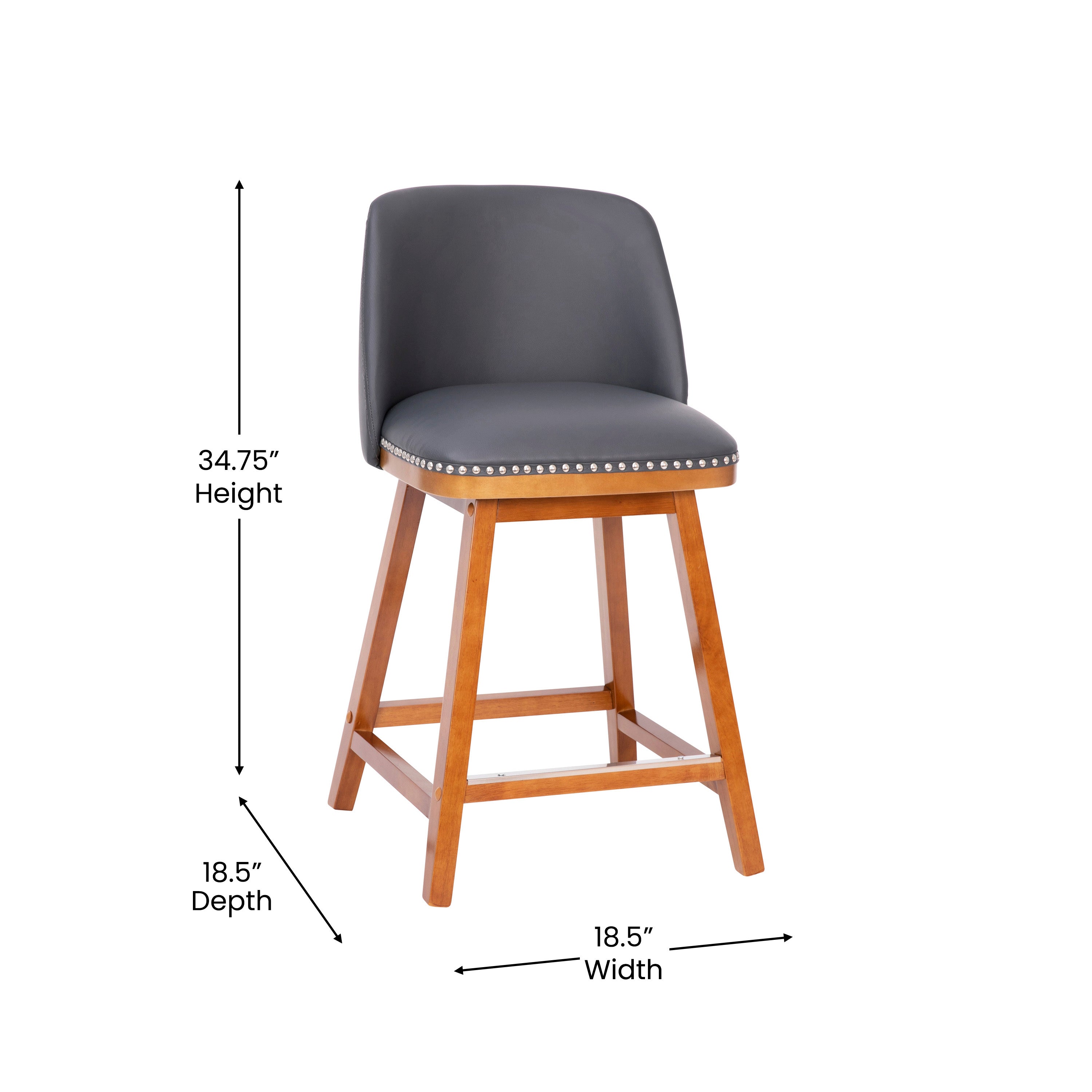 Julia Set of 2 Transitional 24 Inch LeatherSoft Upholstered Counter Stools with Silver Nailhead Trim and Walnut Finish Solid Wood Frames, Gray