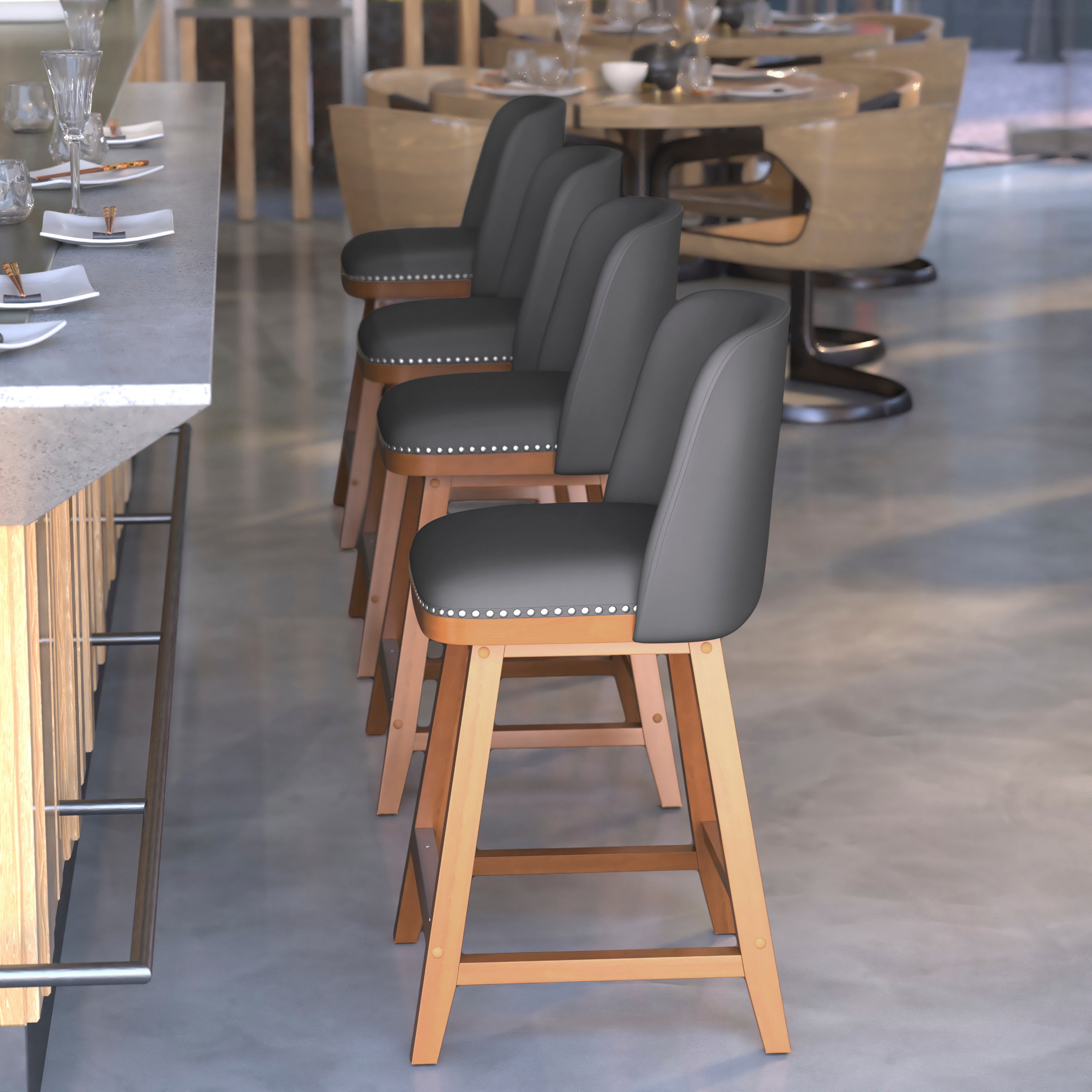 Julia Set of 2 Transitional 24 Inch LeatherSoft Upholstered Counter Stools with Silver Nailhead Trim and Walnut Finish Solid Wood Frames, Gray
