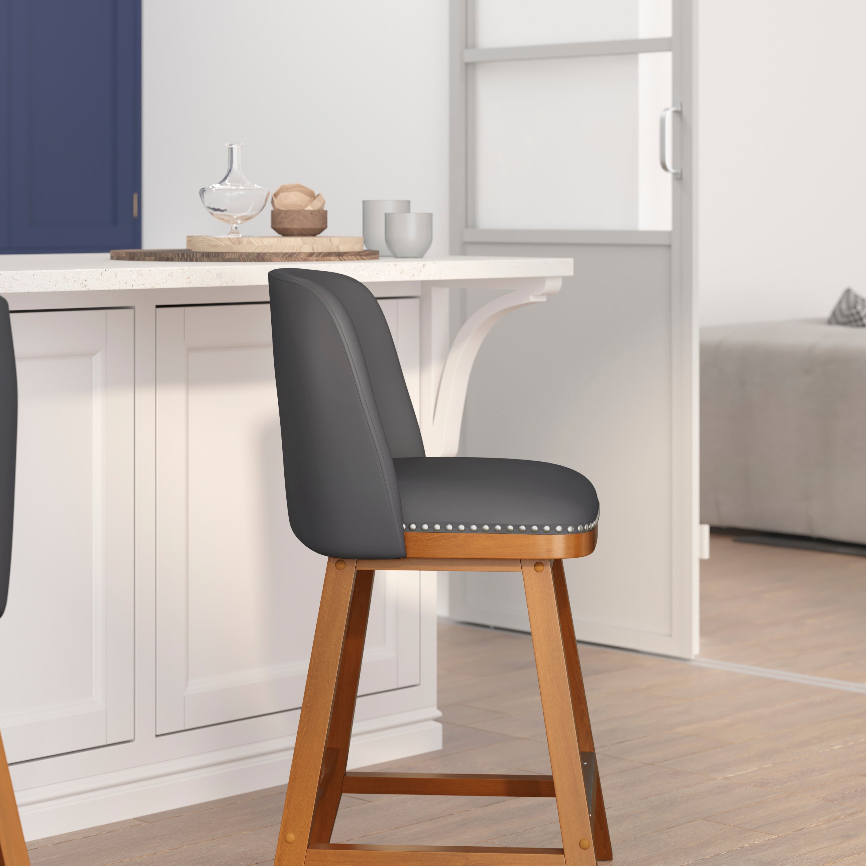 Julia Set of 2 Transitional 24 Inch LeatherSoft Upholstered Counter Stools with Silver Nailhead Trim and Walnut Finish Solid Wood Frames, Gray