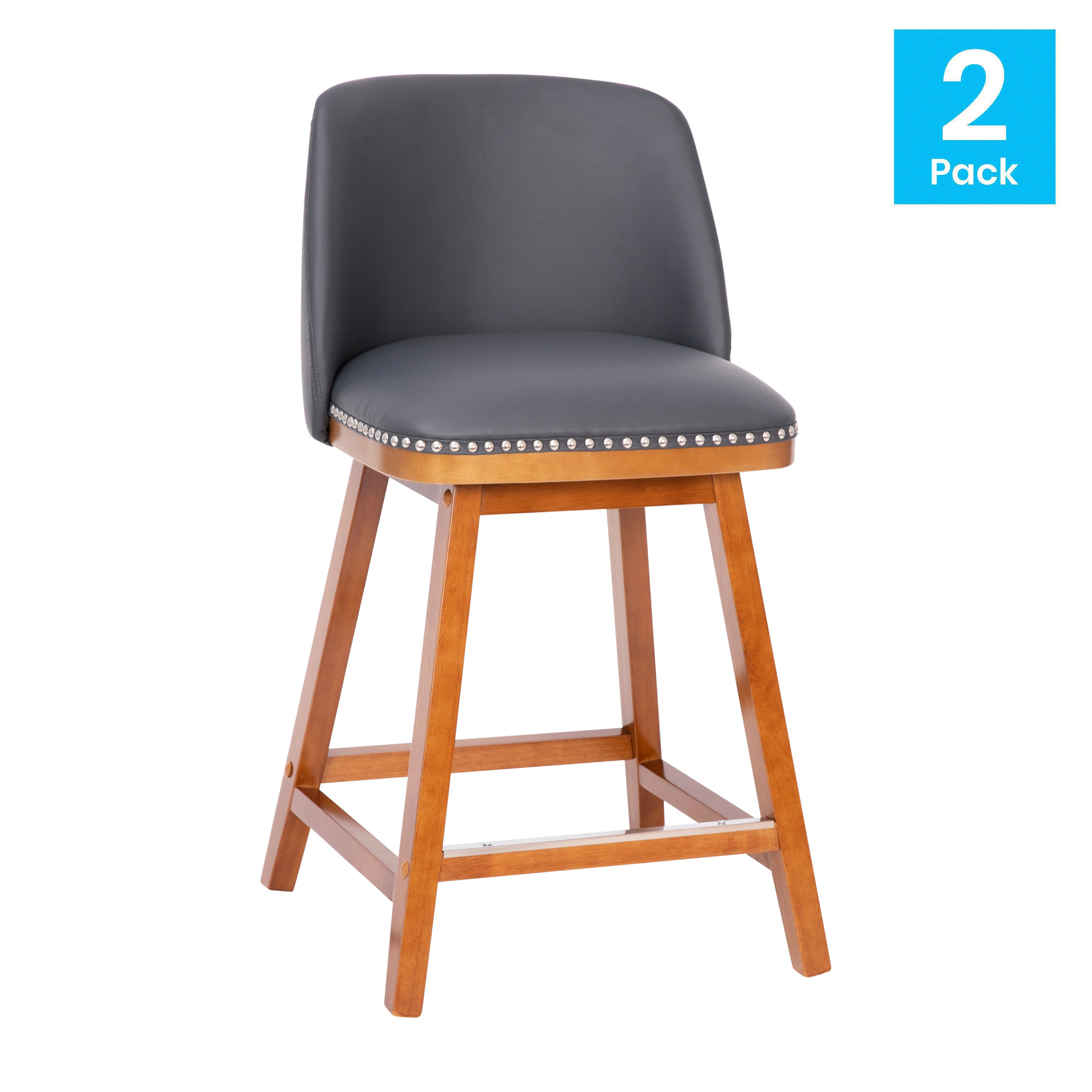 Julia Set of 2 Transitional 24 Inch LeatherSoft Upholstered Counter Stools with Silver Nailhead Trim and Walnut Finish Solid Wood Frames, Gray