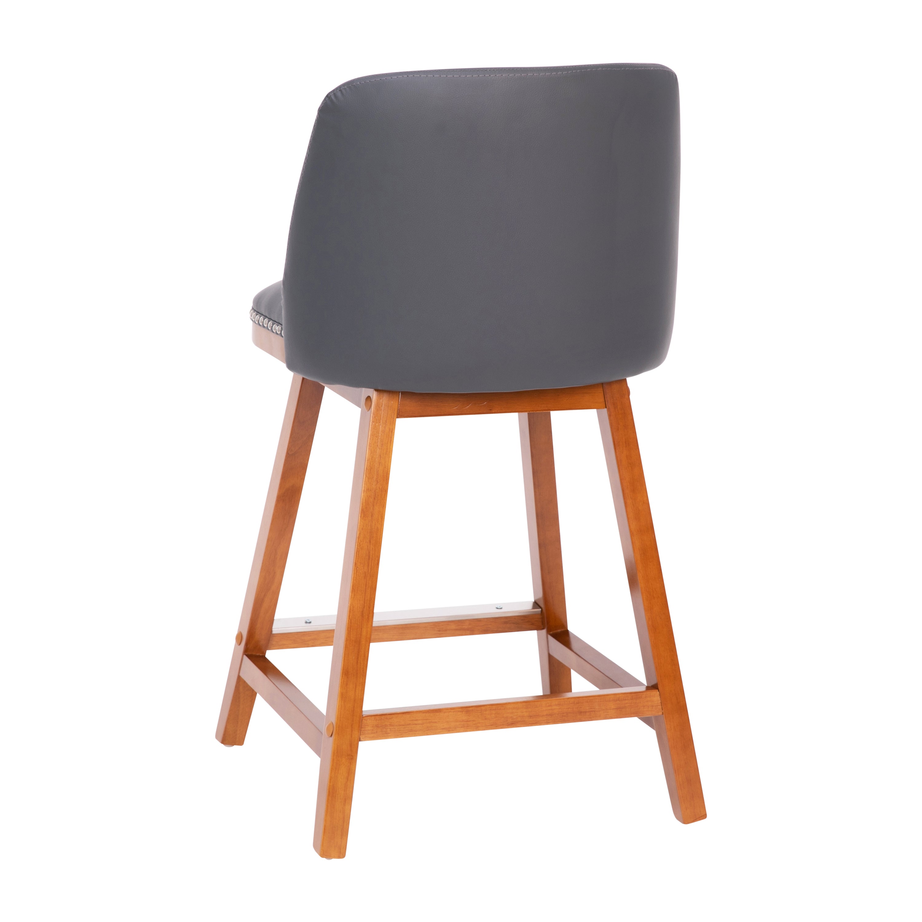 Julia Set of 2 Transitional 24 Inch LeatherSoft Upholstered Counter Stools with Silver Nailhead Trim and Walnut Finish Solid Wood Frames, Gray