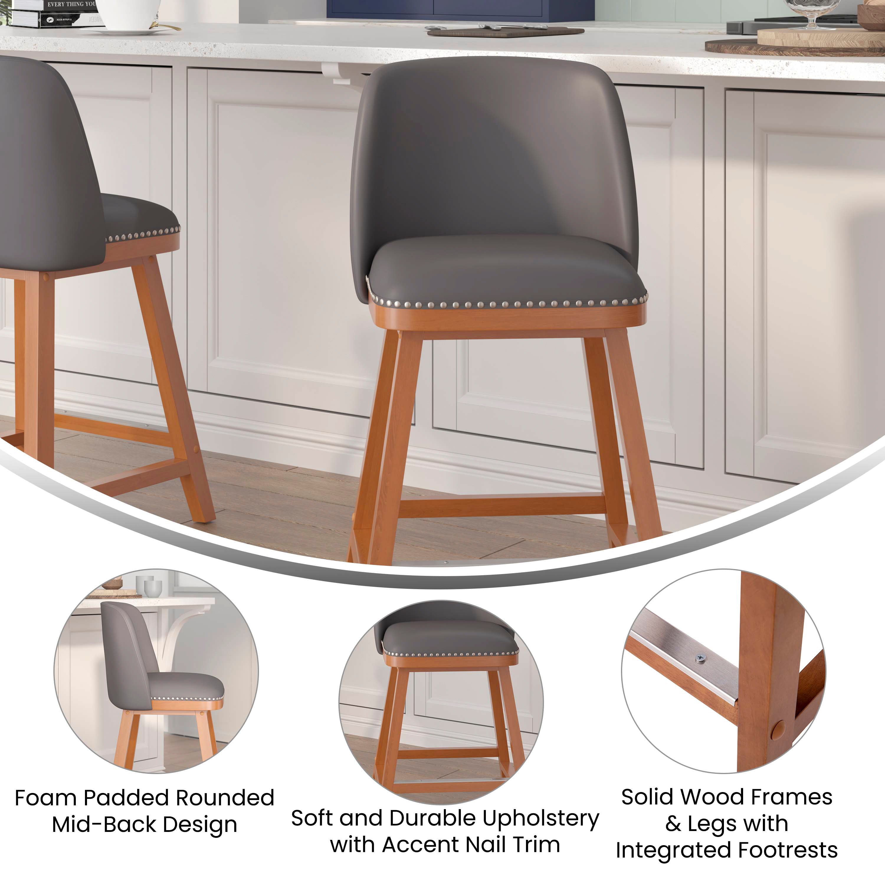 Julia Set of 2 Transitional 24 Inch LeatherSoft Upholstered Counter Stools with Silver Nailhead Trim and Walnut Finish Solid Wood Frames, Gray