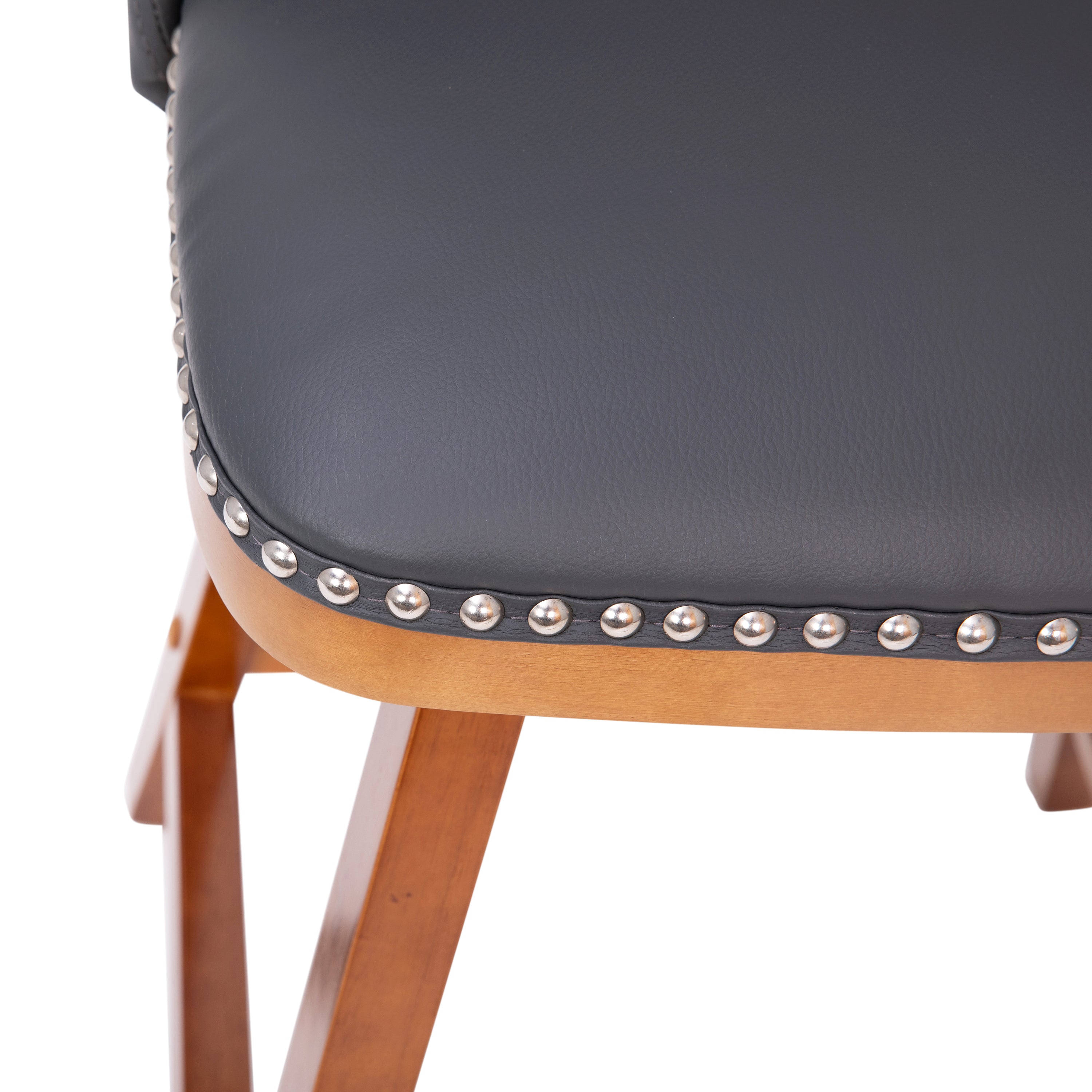 Julia Set of 2 Transitional 24 Inch LeatherSoft Upholstered Counter Stools with Silver Nailhead Trim and Walnut Finish Solid Wood Frames, Gray