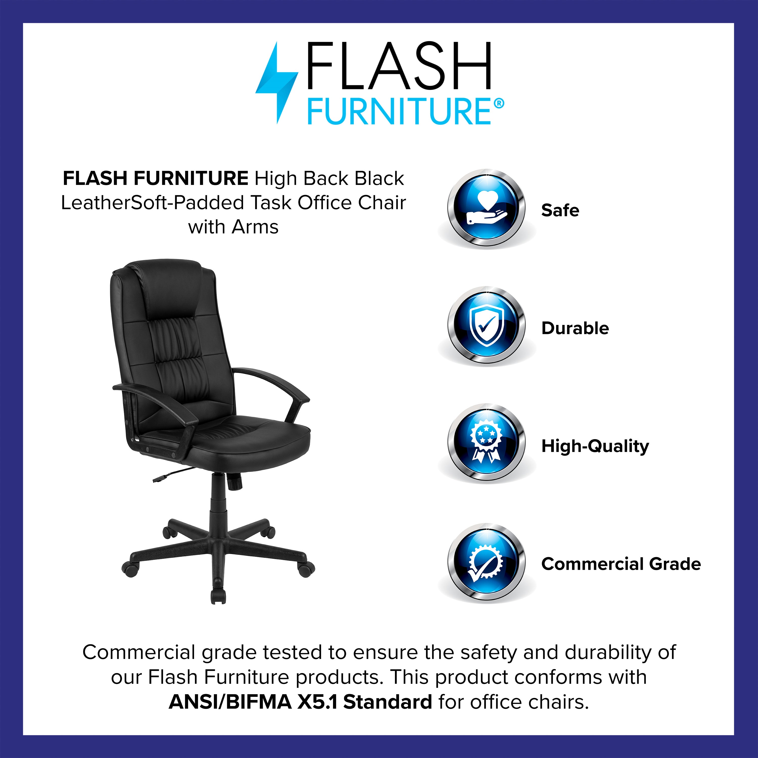 Biscayne Flash Fundamentals High Back Black LeatherSoft-Padded Task Office Chair with Arms