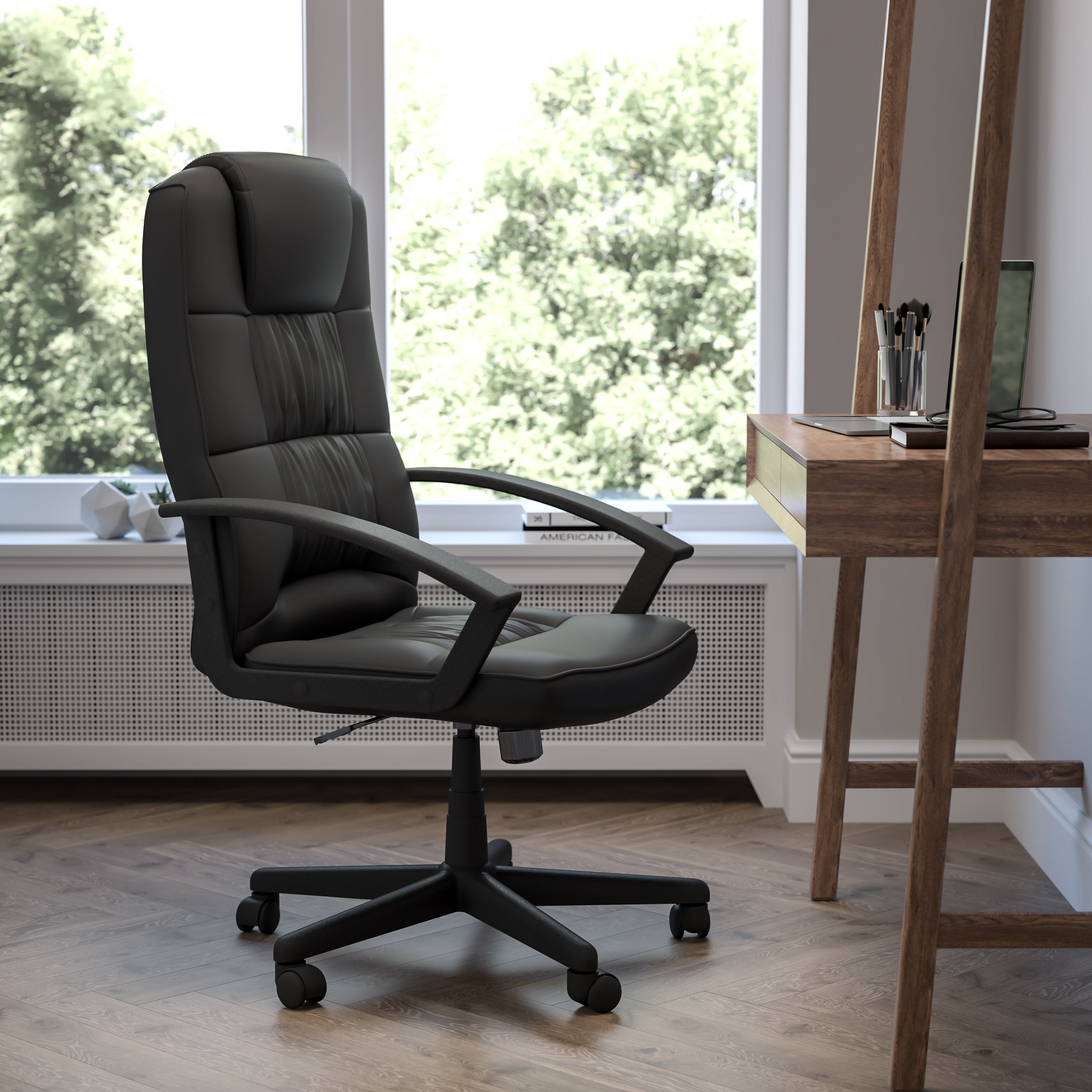 Biscayne Flash Fundamentals High Back Black LeatherSoft-Padded Task Office Chair with Arms