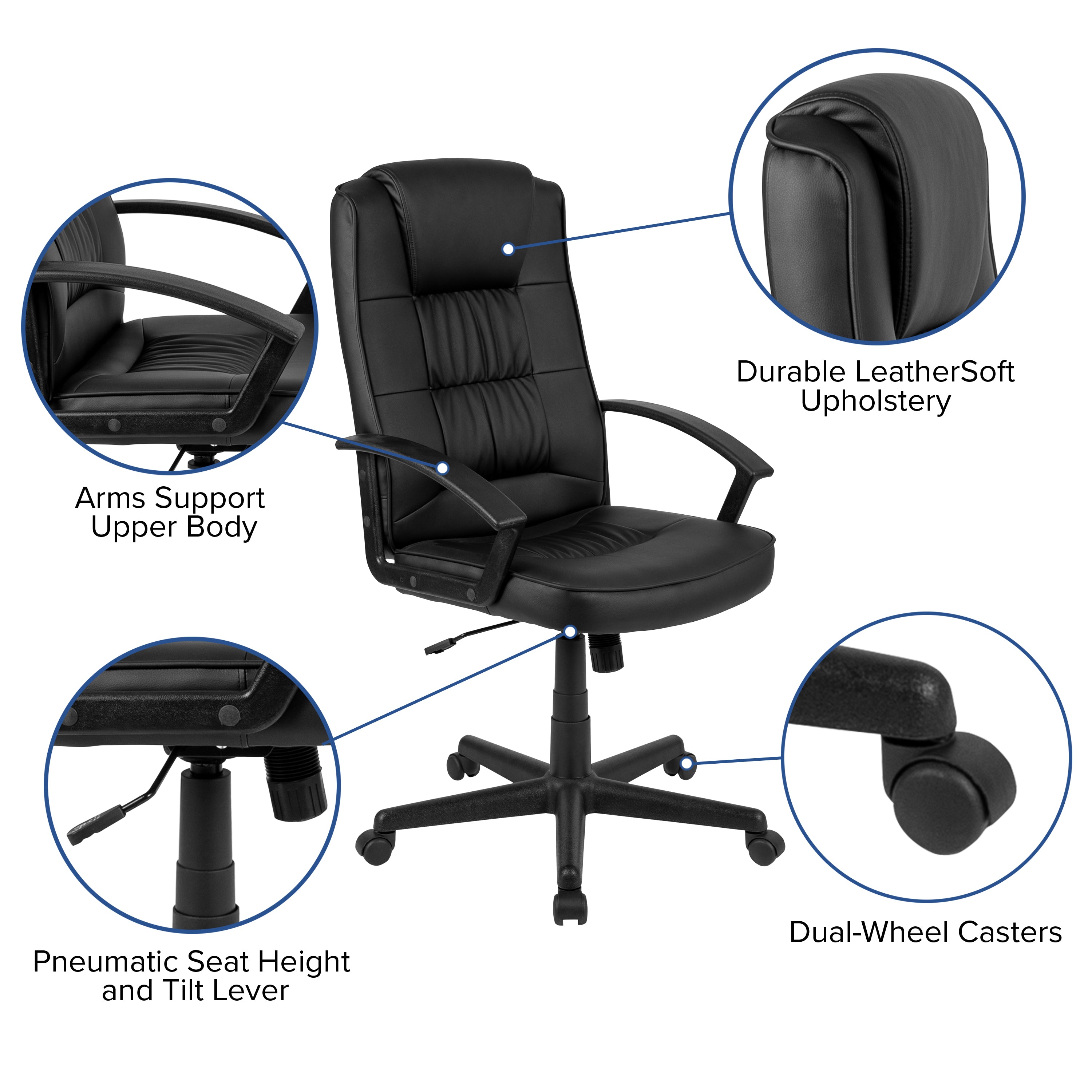 Biscayne Flash Fundamentals High Back Black LeatherSoft-Padded Task Office Chair with Arms