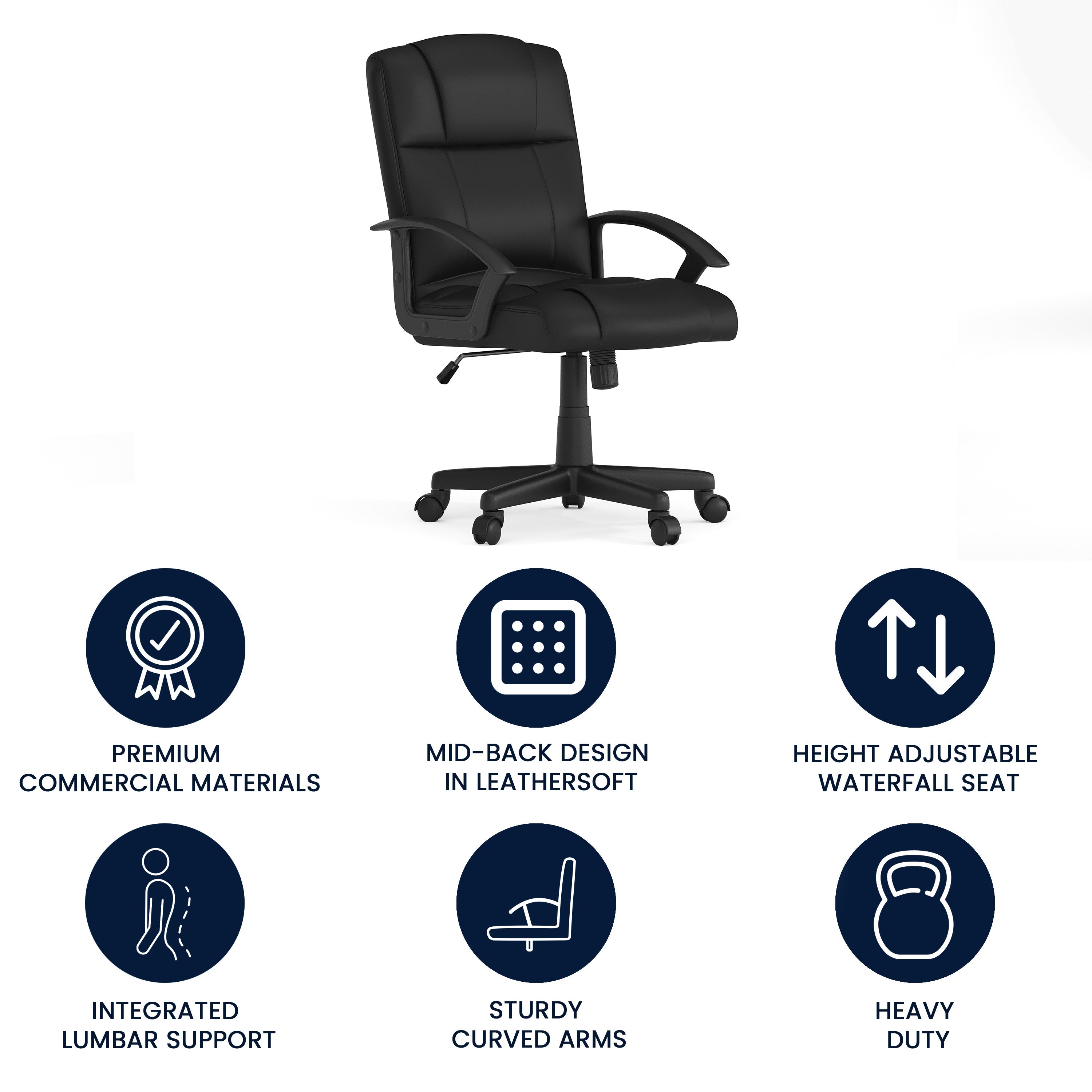 Coffman Flash Fundamentals Mid-Back Black LeatherSoft-Padded Task Office Chair with Arms
