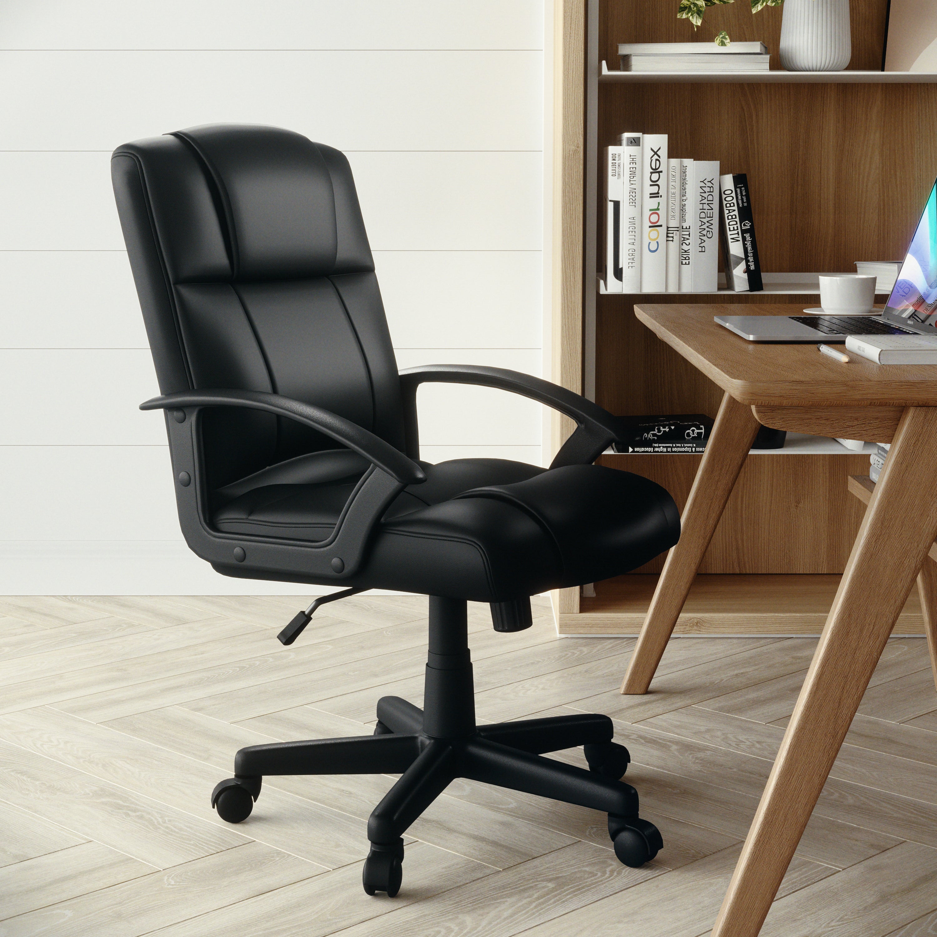 Coffman Flash Fundamentals Mid-Back Black LeatherSoft-Padded Task Office Chair with Arms