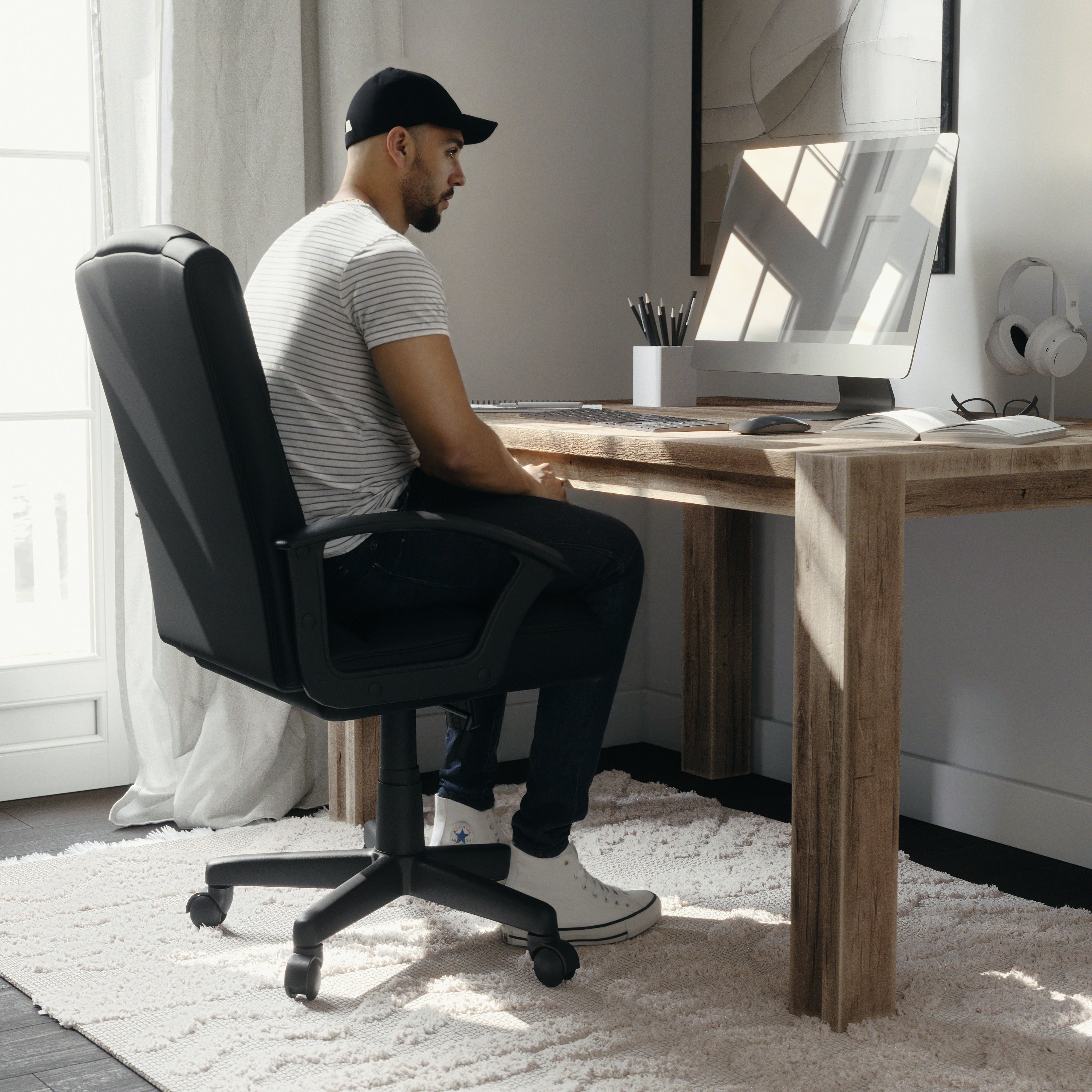 Coffman Flash Fundamentals Mid-Back Black LeatherSoft-Padded Task Office Chair with Arms