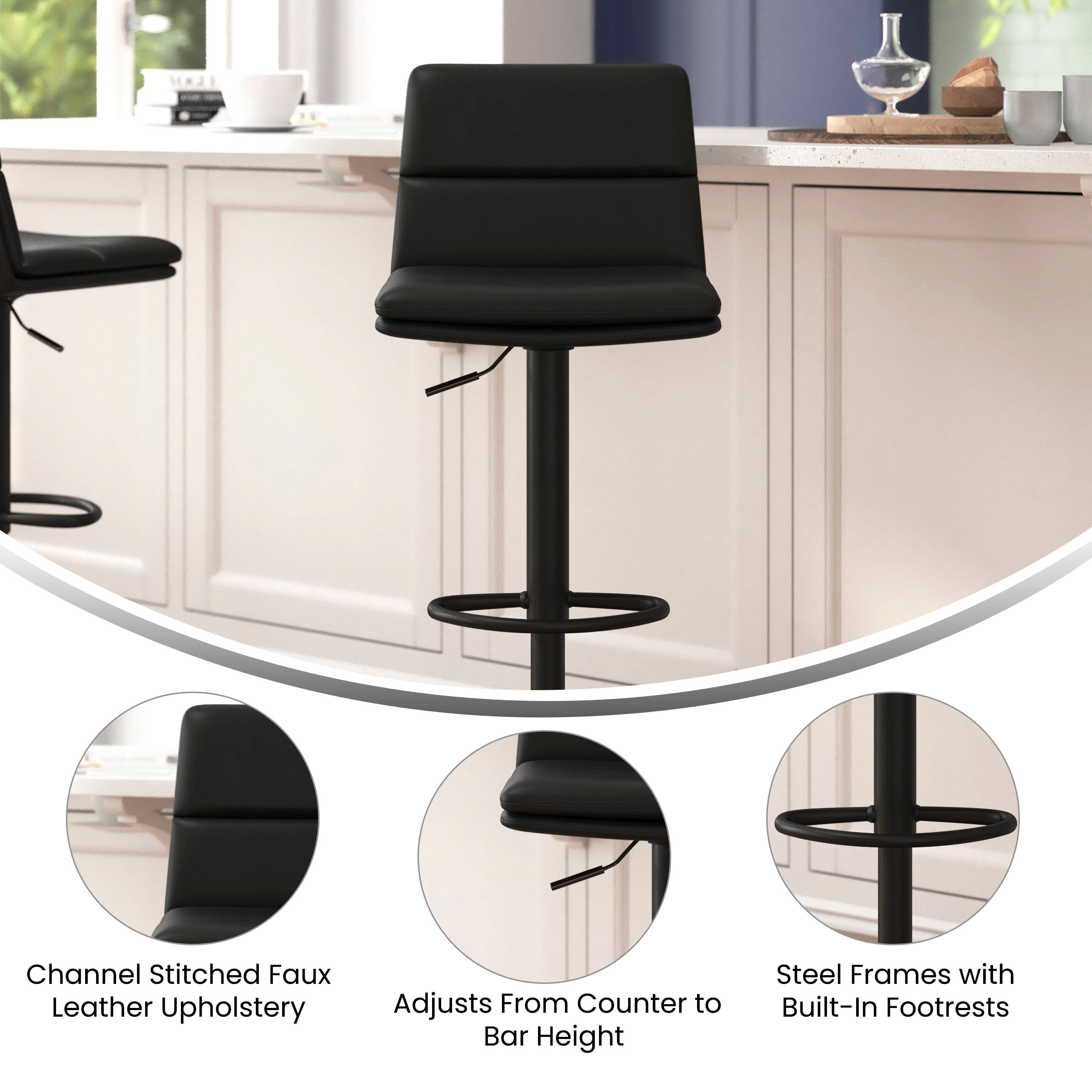 Hughes Commercial Grade Modern Mid-Back Adjustable Height LeatherSoft Channel Stitched Barstools, Set of 2, Black