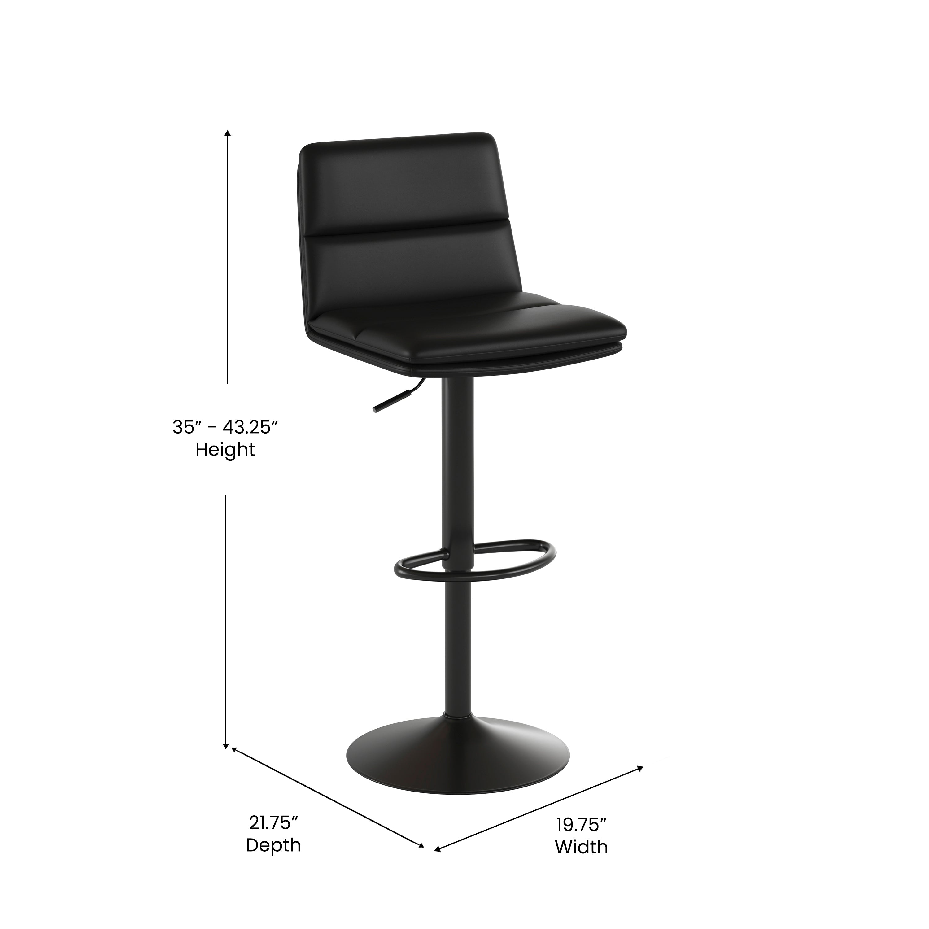 Hughes Commercial Grade Modern Mid-Back Adjustable Height LeatherSoft Channel Stitched Barstools, Set of 2, Black