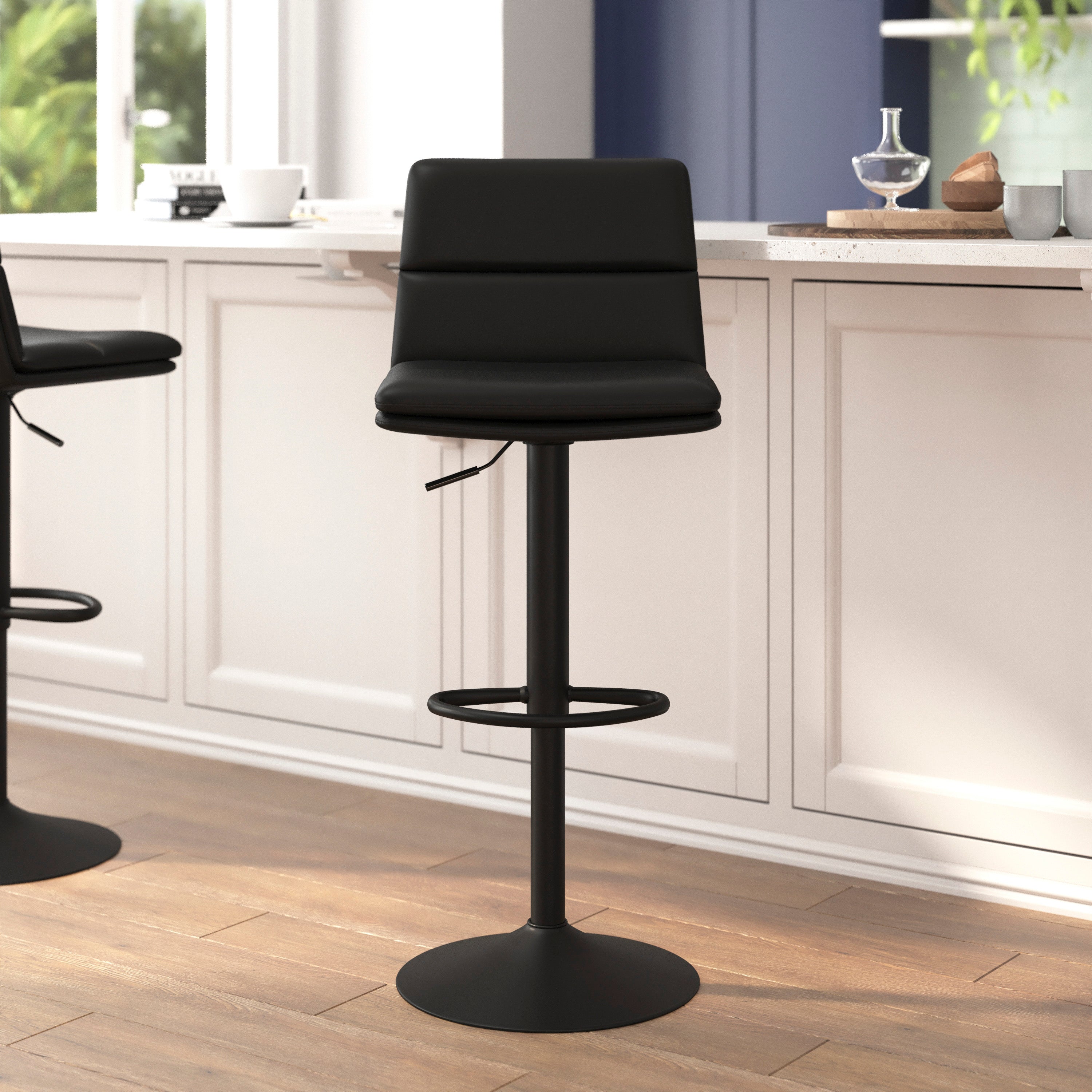 Hughes Commercial Grade Modern Mid-Back Adjustable Height LeatherSoft Channel Stitched Barstools, Set of 2, Black