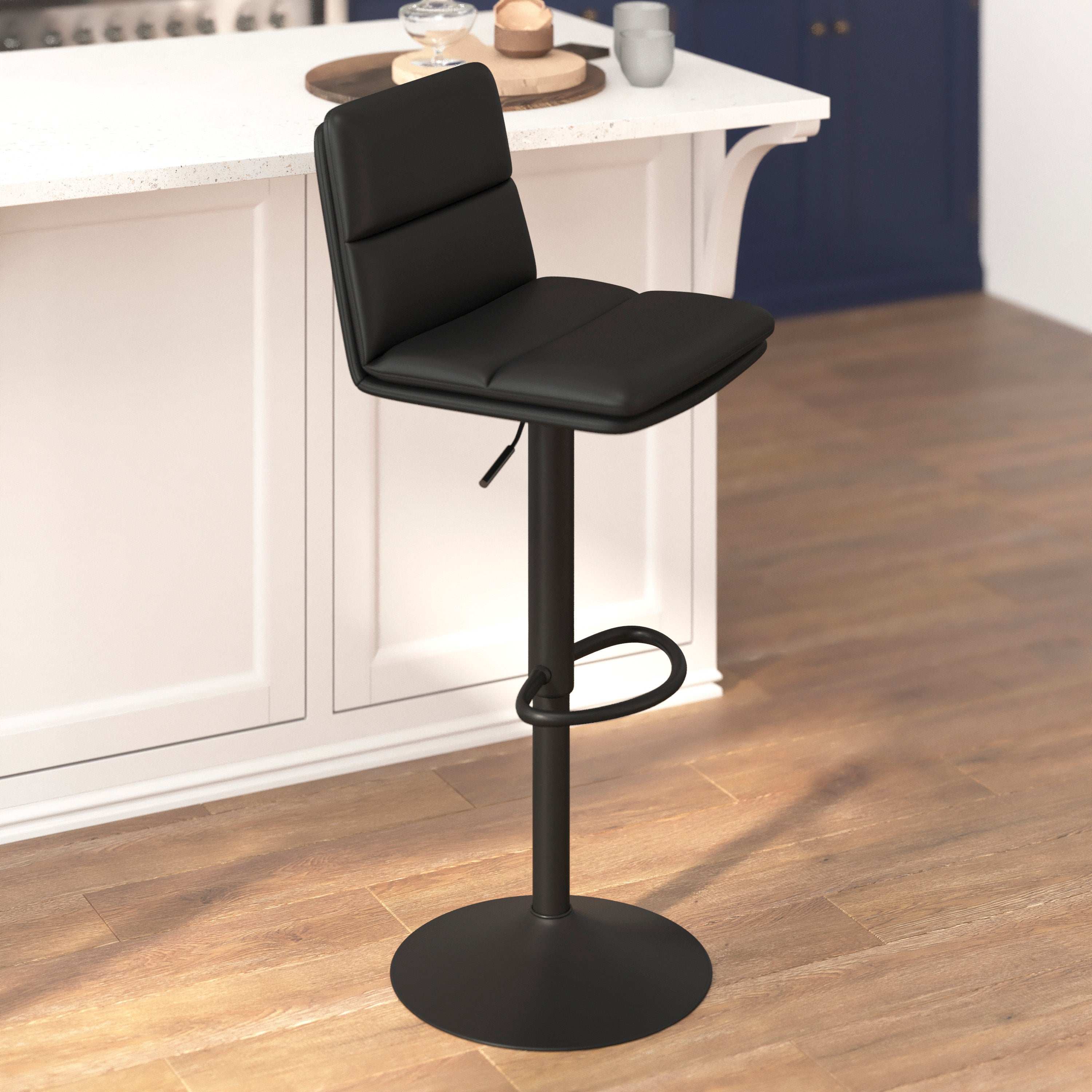Hughes Commercial Grade Modern Mid-Back Adjustable Height LeatherSoft Channel Stitched Barstools, Set of 2, Black