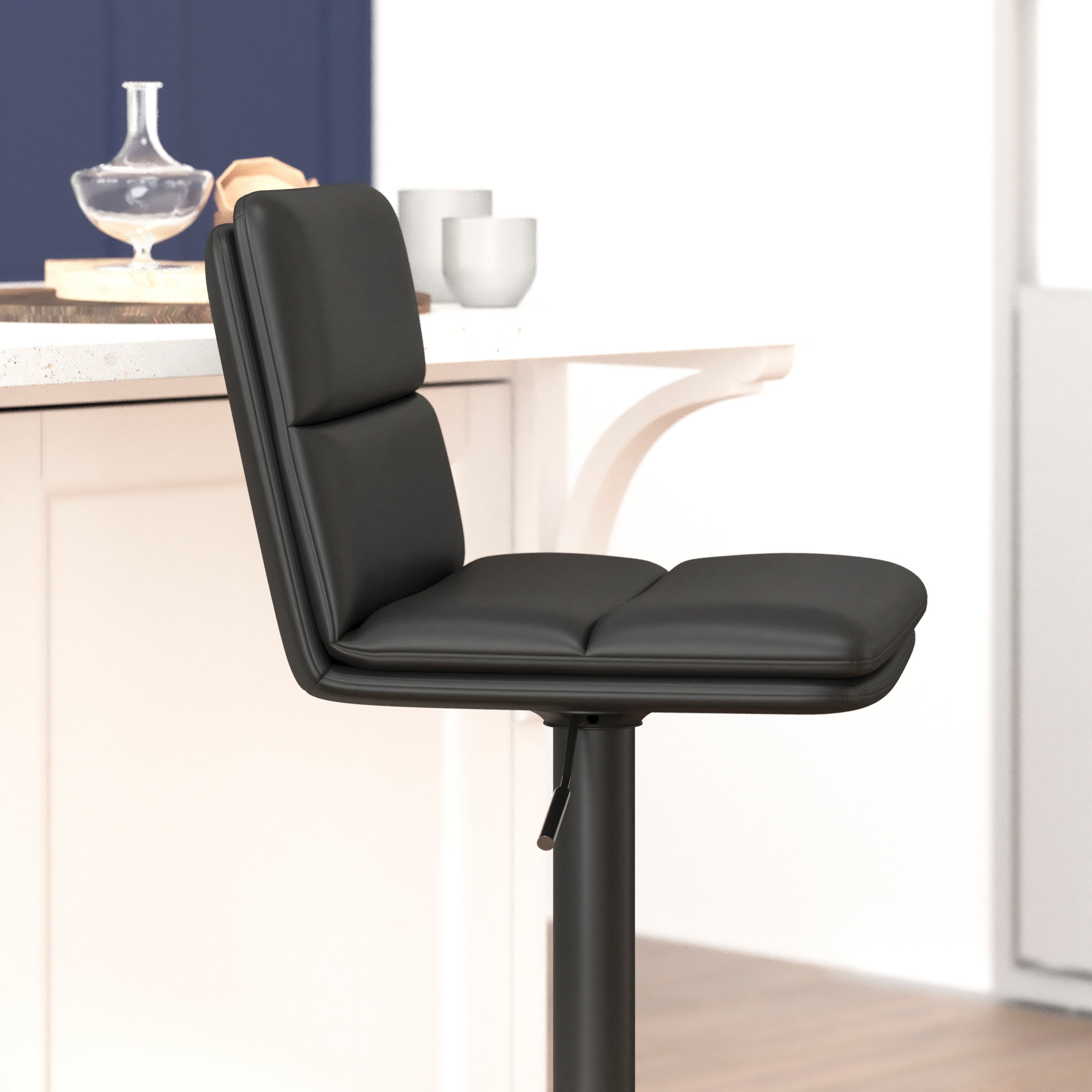 Hughes Commercial Grade Modern Mid-Back Adjustable Height LeatherSoft Channel Stitched Barstools, Set of 2, Black