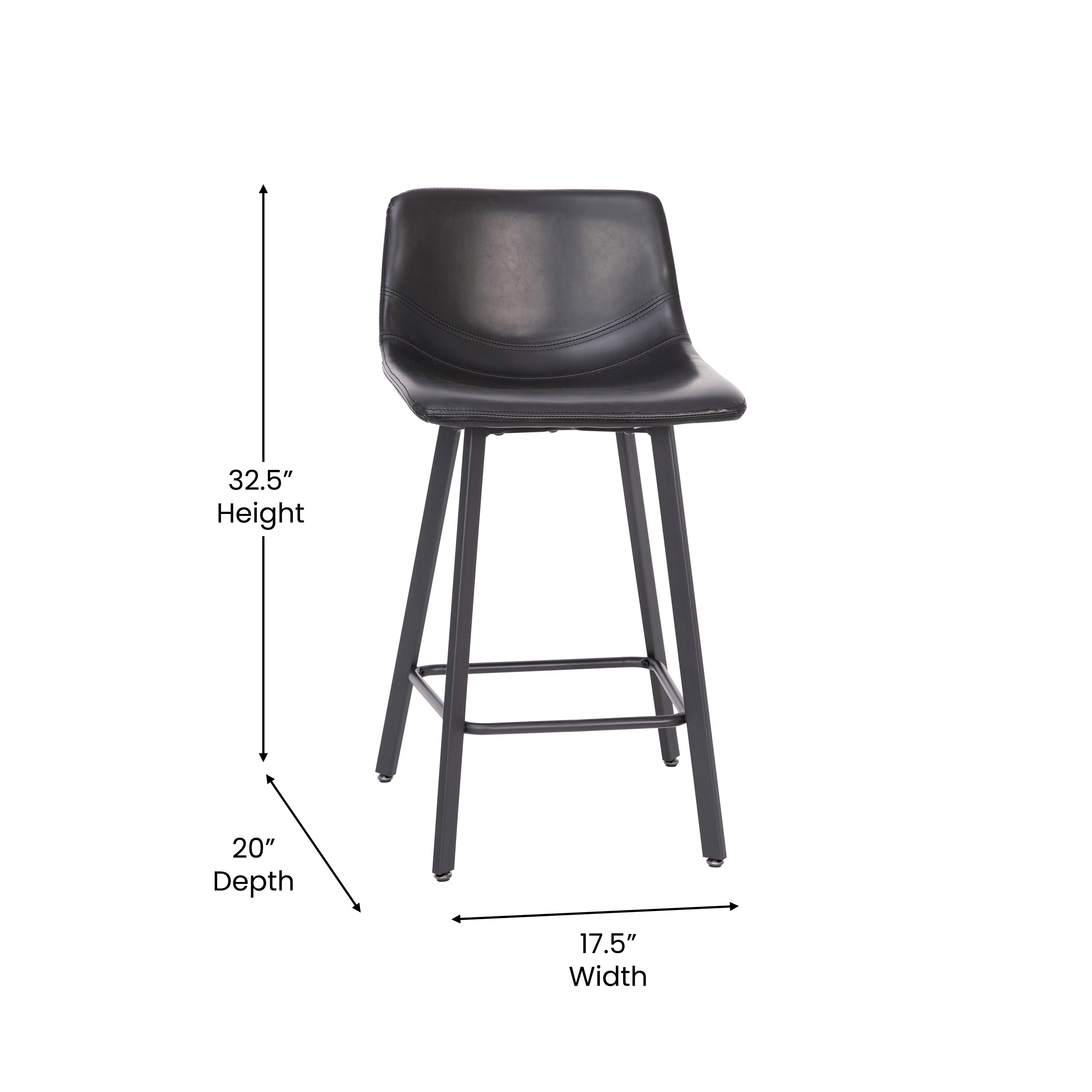 Caleb Modern Armless 24 Inch Counter Height Stools Commercial Grade with Footrests in Black LeatherSoft and Black Matte Metal Frames, Set of 2