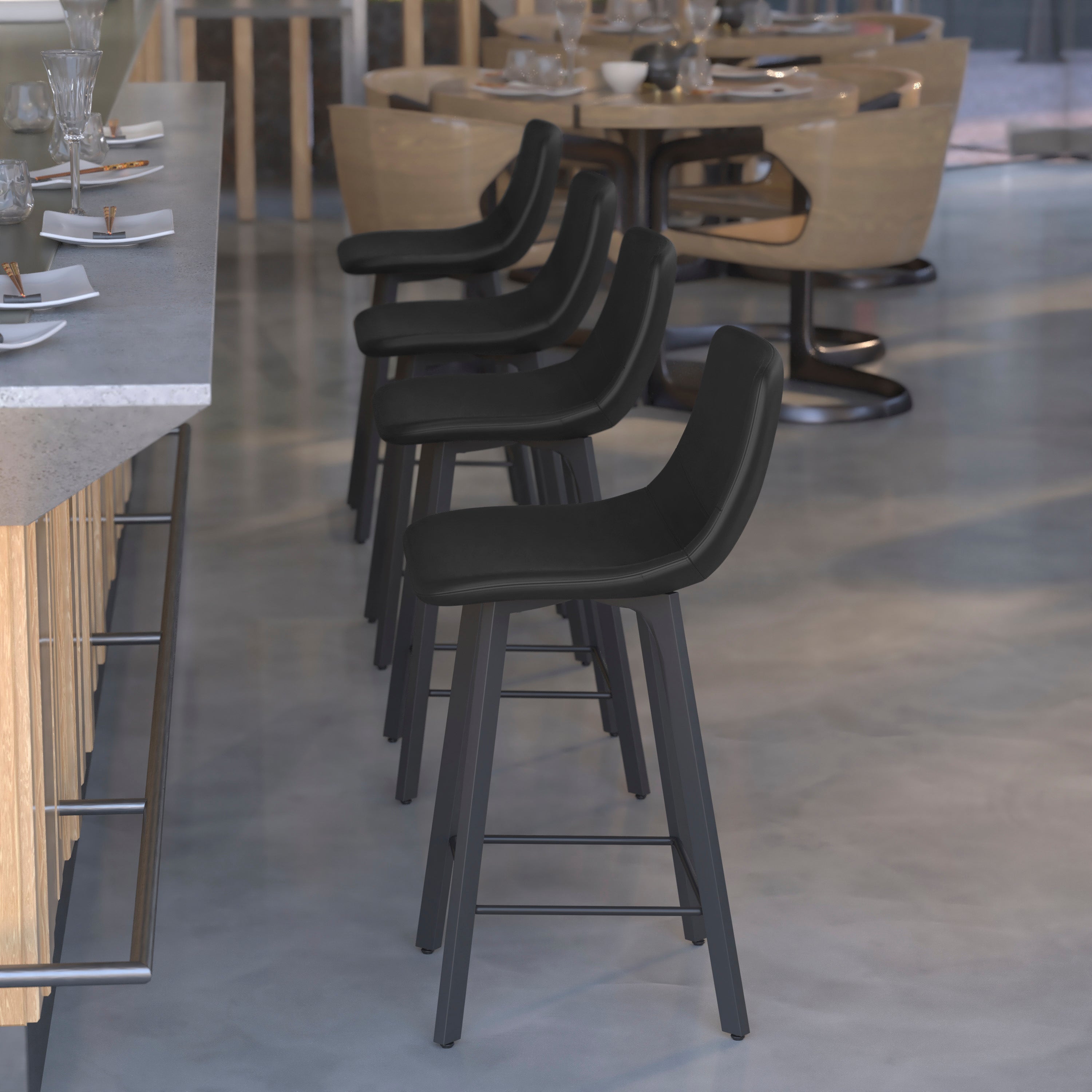 Caleb Modern Armless 24 Inch Counter Height Stools Commercial Grade with Footrests in Black LeatherSoft and Black Matte Metal Frames, Set of 2