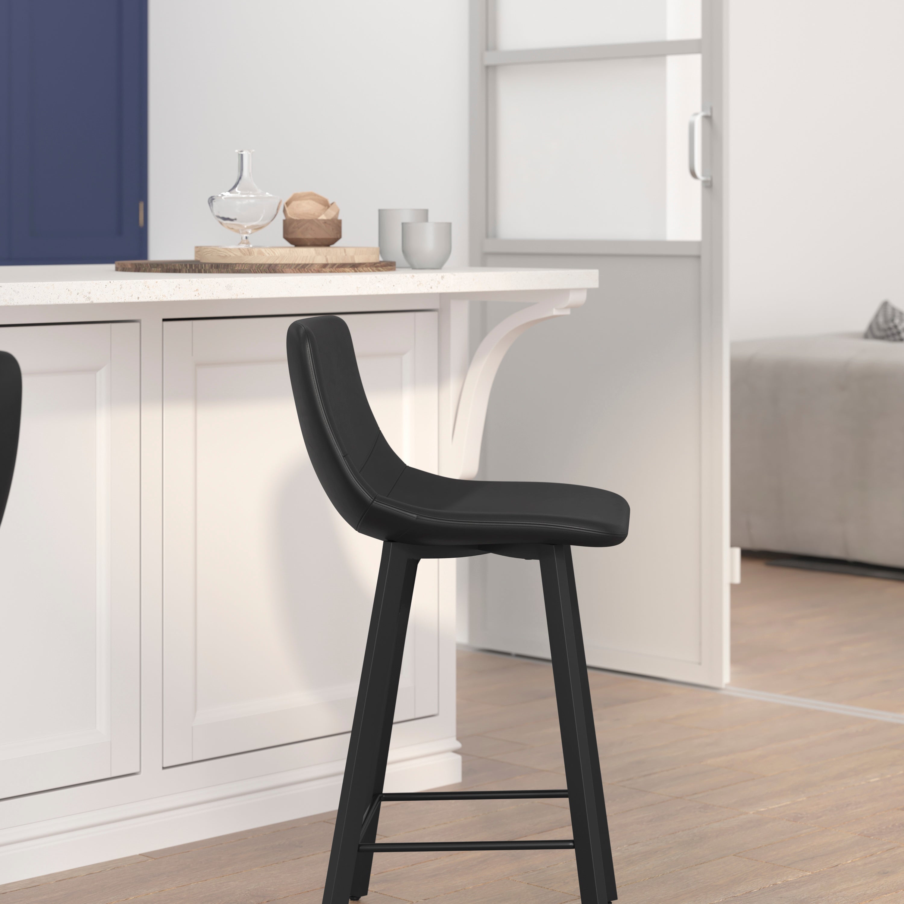 Caleb Modern Armless 24 Inch Counter Height Stools Commercial Grade with Footrests in Black LeatherSoft and Black Matte Metal Frames, Set of 2
