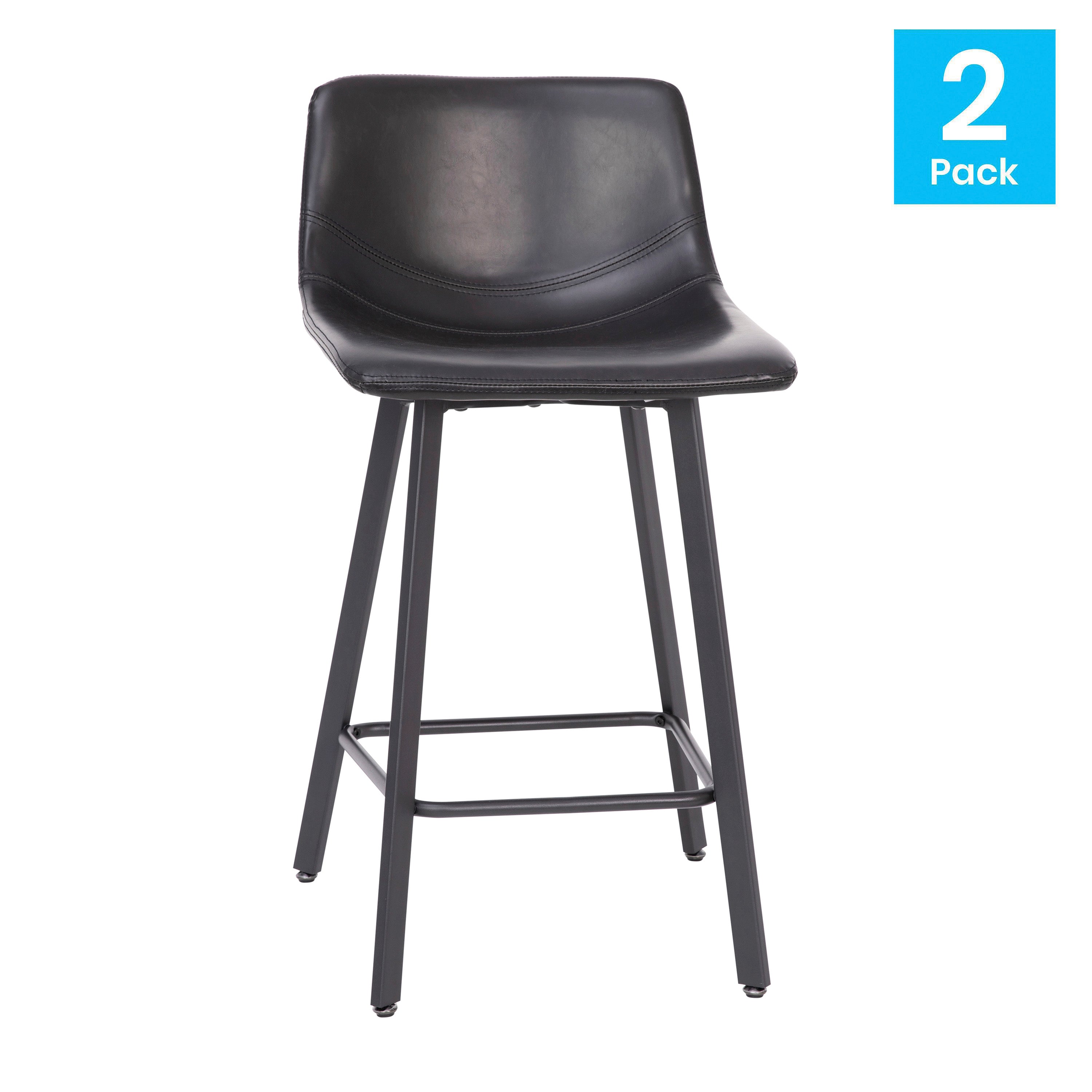 Caleb Modern Armless 24 Inch Counter Height Stools Commercial Grade with Footrests in Black LeatherSoft and Black Matte Metal Frames, Set of 2