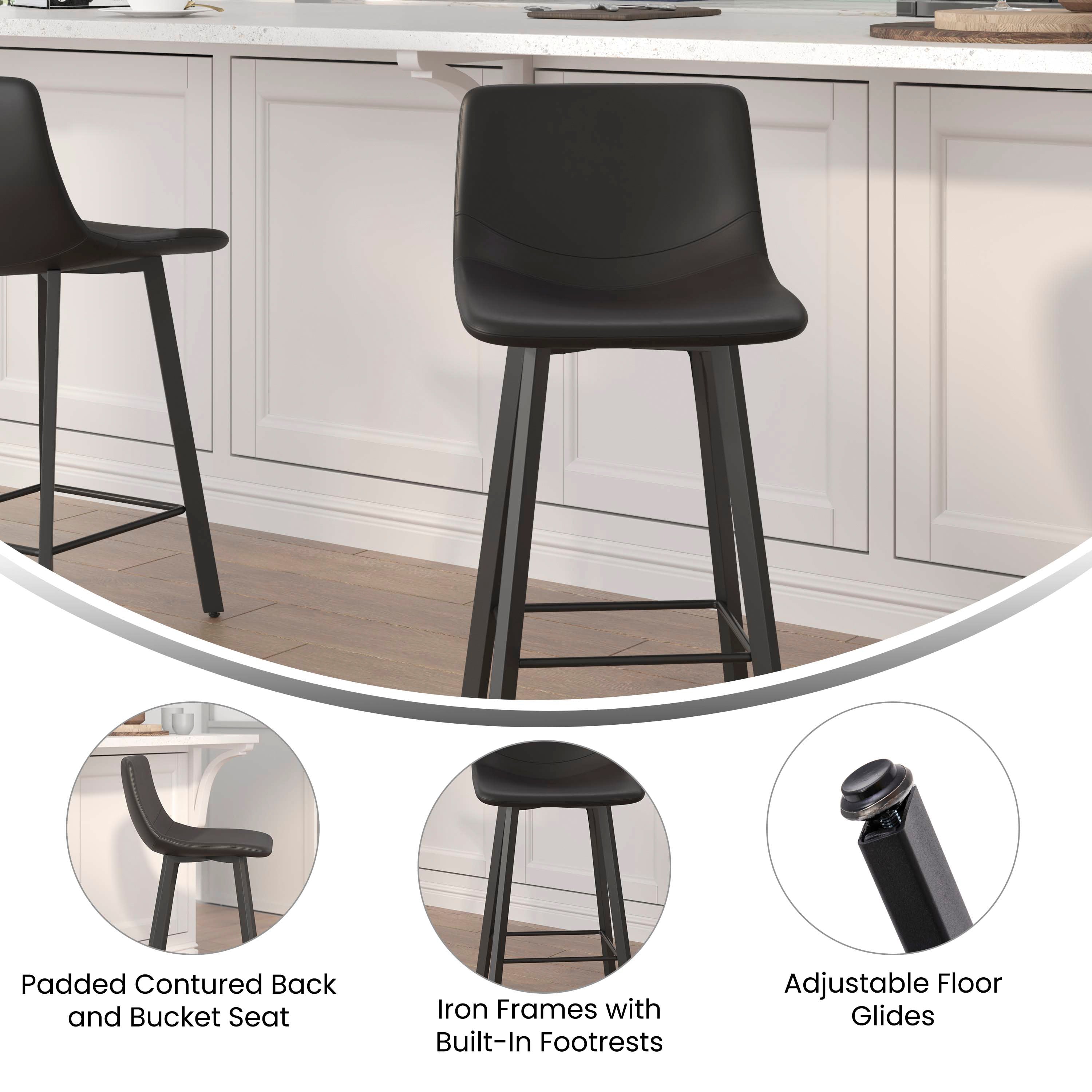 Caleb Modern Armless 24 Inch Counter Height Stools Commercial Grade with Footrests in Black LeatherSoft and Black Matte Metal Frames, Set of 2