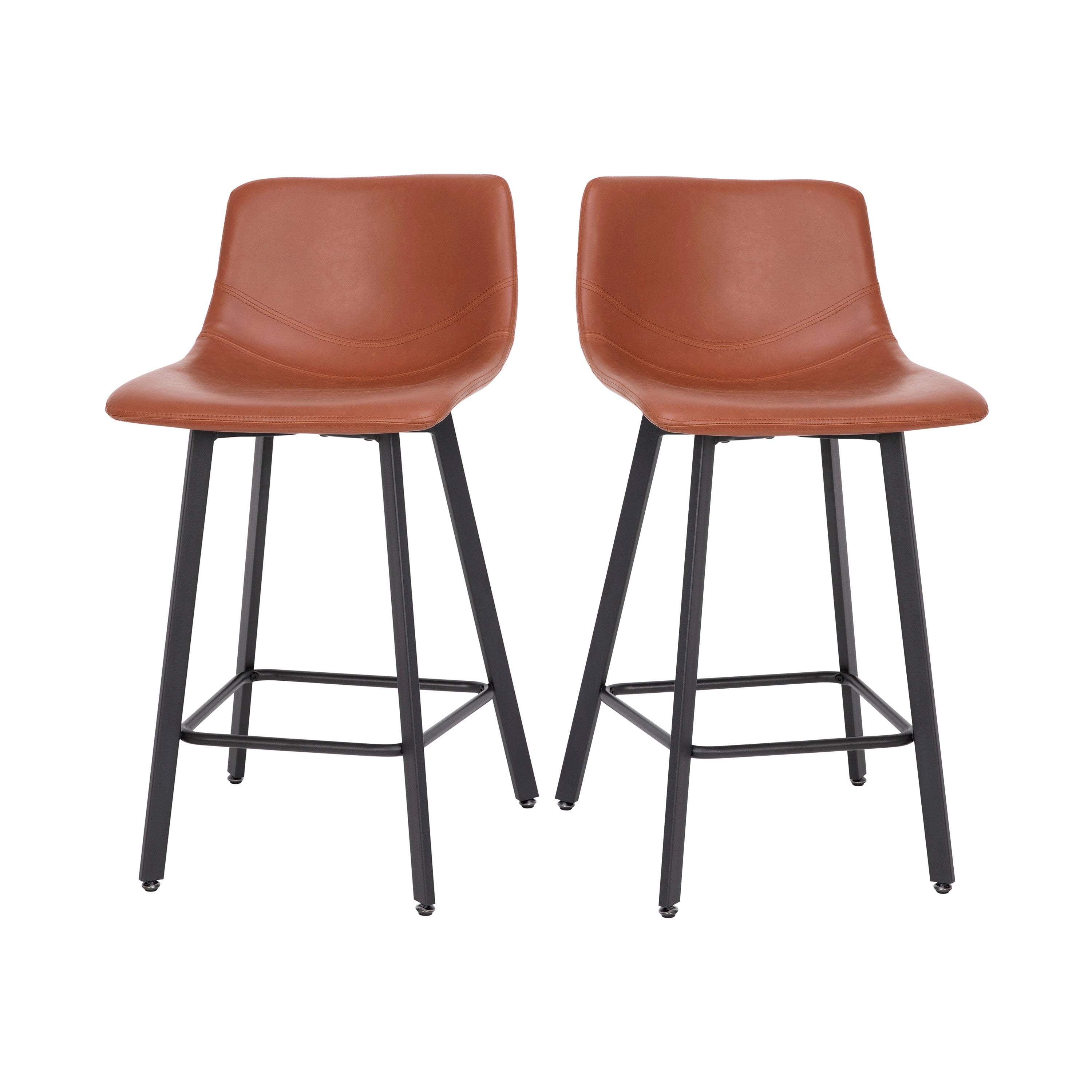 Caleb Modern Armless 24 Inch Counter Height Stools Commercial Grade with Footrests in Cognac LeatherSoft and Black Matte Metal Frames, Set of 2