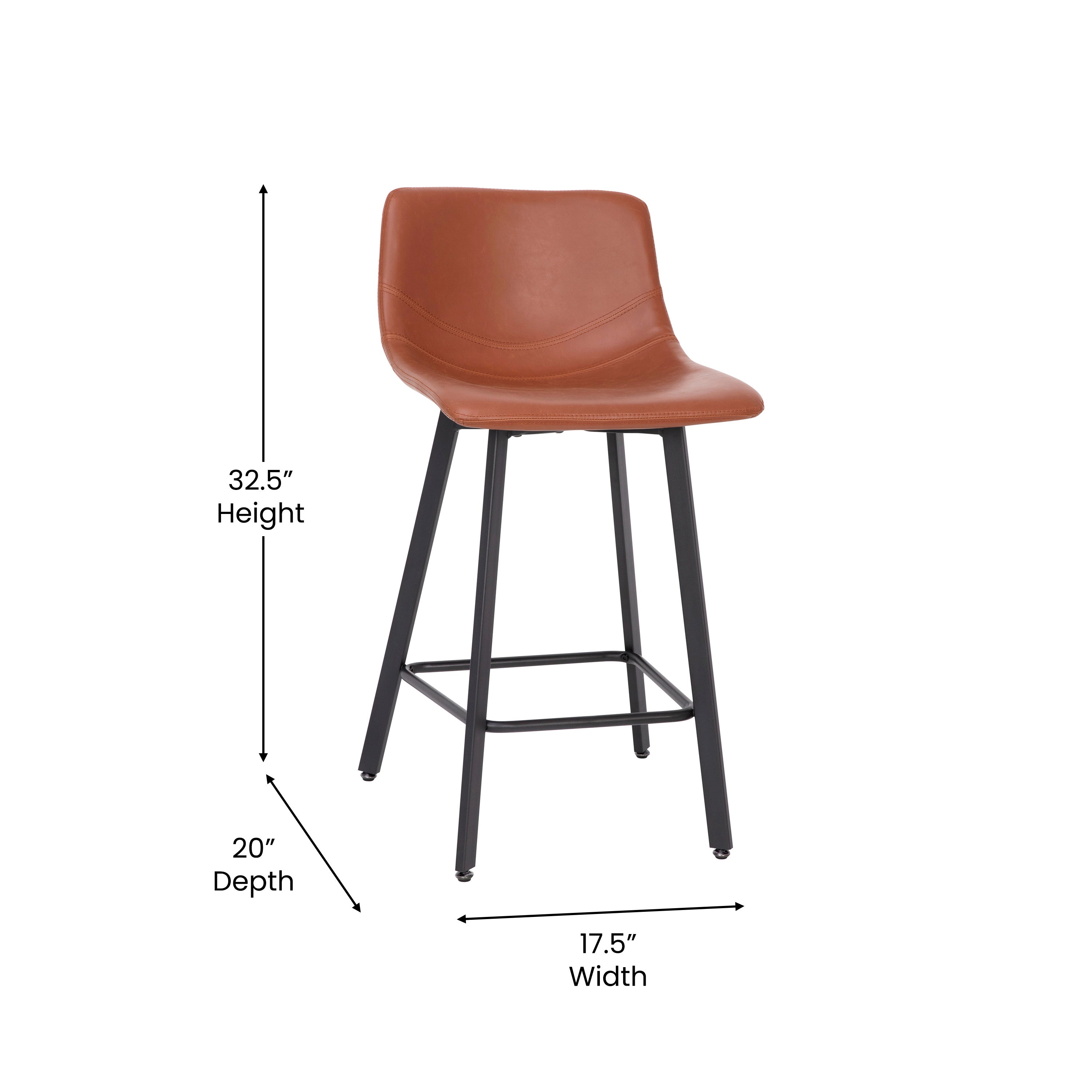 Caleb Modern Armless 24 Inch Counter Height Stools Commercial Grade with Footrests in Cognac LeatherSoft and Black Matte Metal Frames, Set of 2